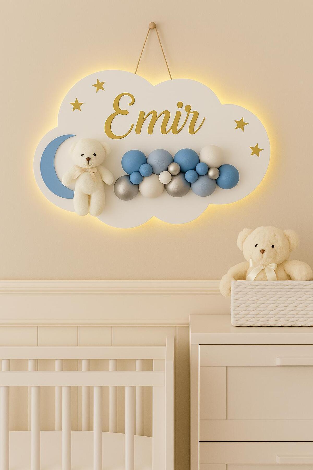 Bonika İstediğiniz Ismi Yazıyoruz - Bubble Ayıcıklı Ledli Bulut Bebek Kapı Süsü fotoğrafı 2 (önizleme)