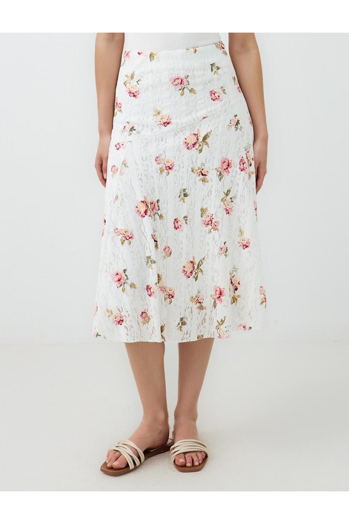 Jimmy Key-Ecru Floral Patterned Regular Waist Knitted Midi Skirt 4