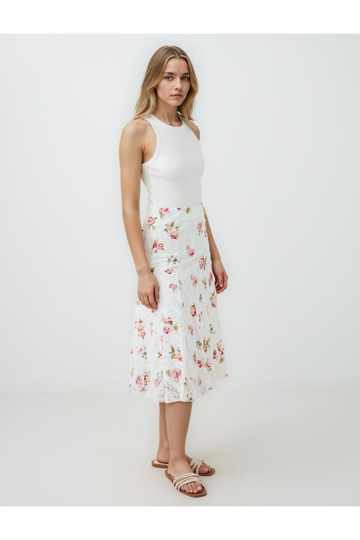 Jimmy Key-Ecru Floral Patterned Regular Waist Knitted Midi Skirt 2