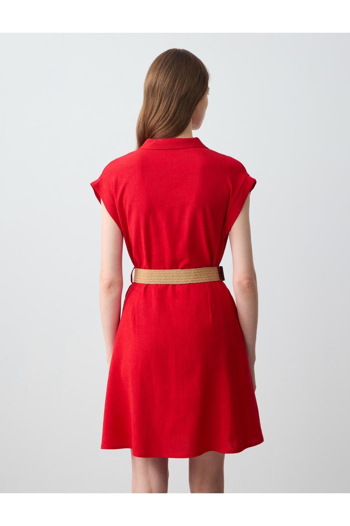 Jimmy Key-Red Short Sleeve Shirt Collar Linen Mini Dress with Belt Detail 5