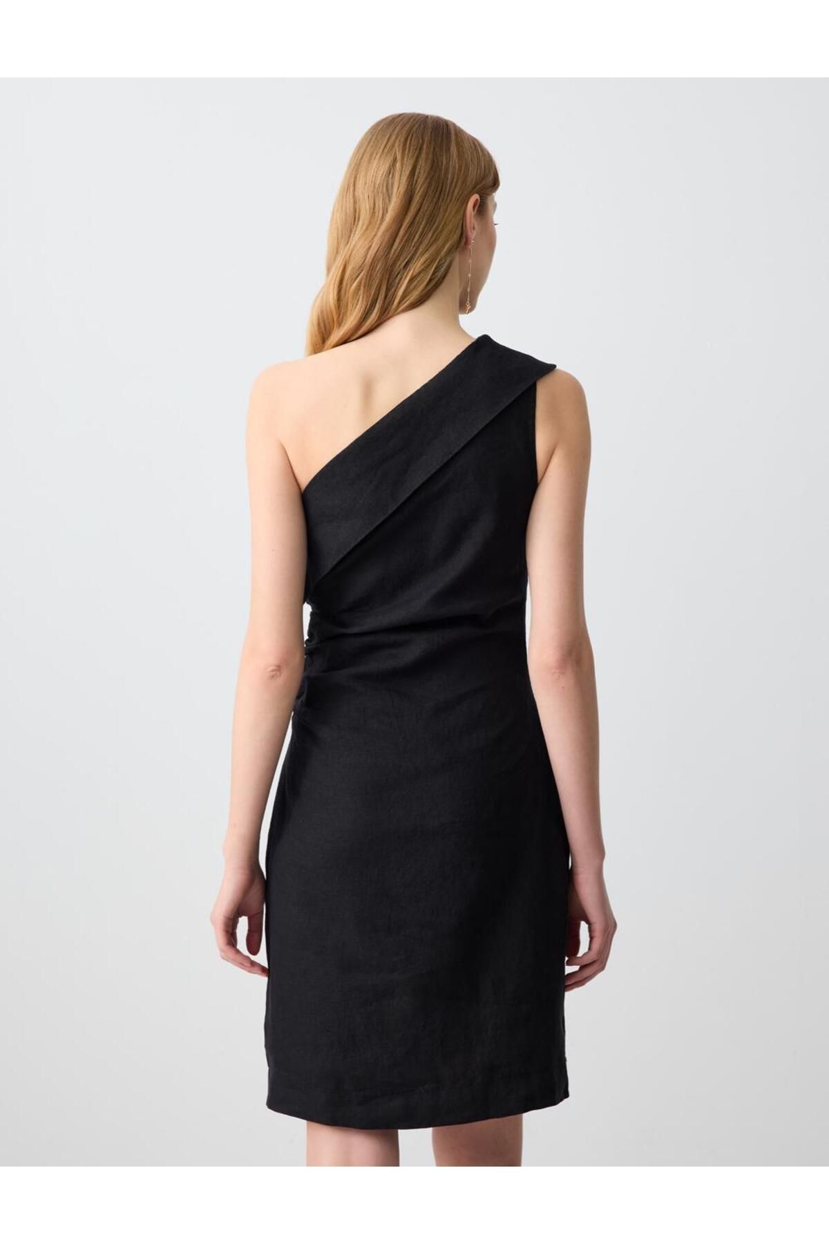 Jimmy Key-Black 100% Linen Slim Cut Asymmetric Collar One Shoulder Mini Dress 7