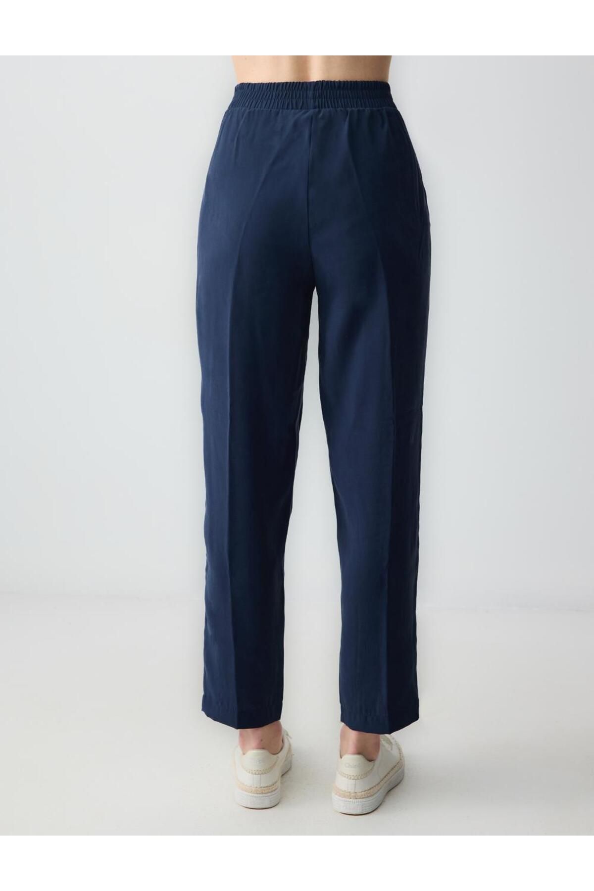 Jimmy Key-Navy Blue High Waist Regular Leg Modal Woven Trousers 6