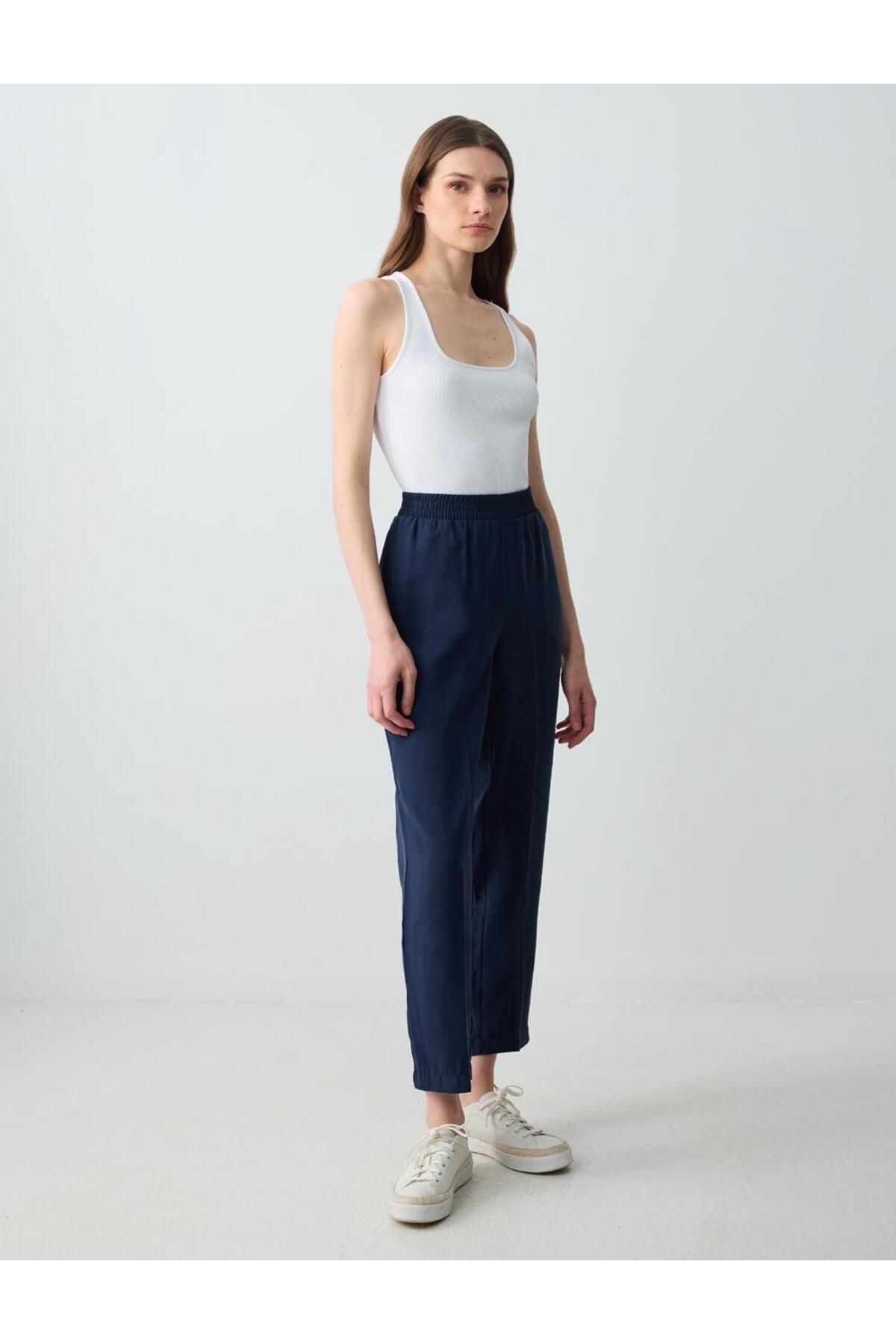 Jimmy Key-Navy Blue High Waist Regular Leg Modal Woven Trousers 3