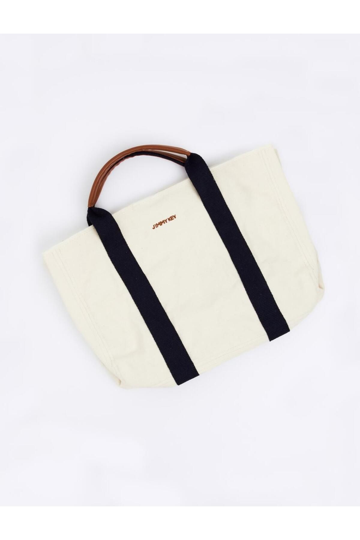 Jimmy Key-Ecru Canvas Hand and Shoulder Bag with Removable Strap Detail 5