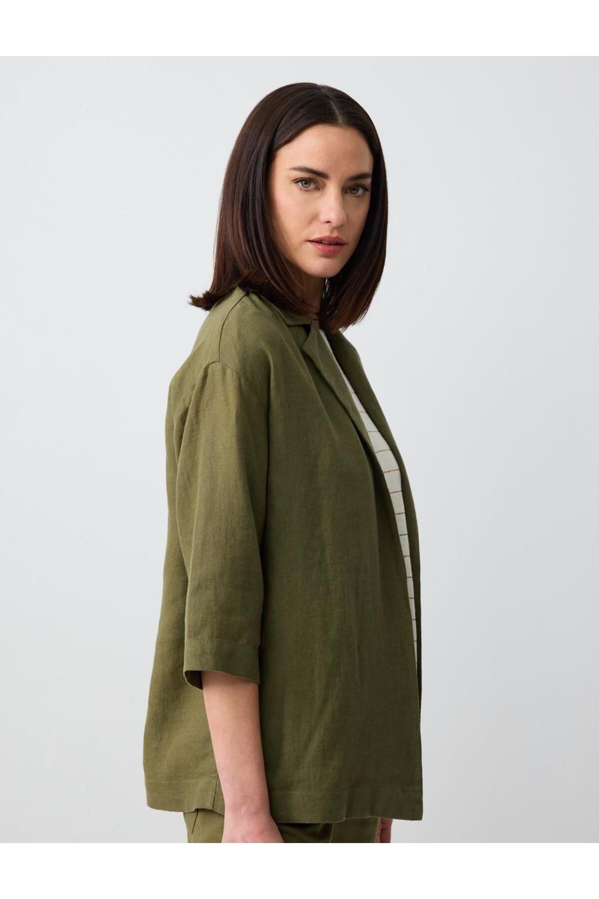 Jimmy Key-Khaki 100% Linen Straight Cut Long Sleeve Jacket 4
