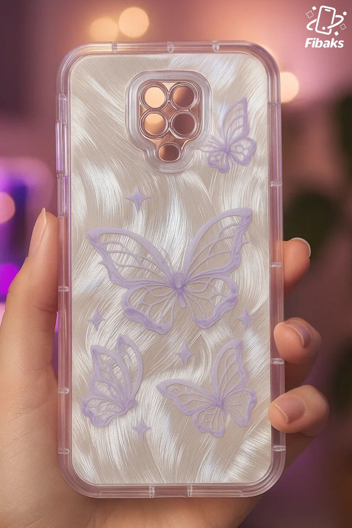 Fibaks-Redmi Note 9S - 9 Pro Case Plug-In Camera Protected Glossy Hologram Butterfly Pattern Shock Absorbing 2