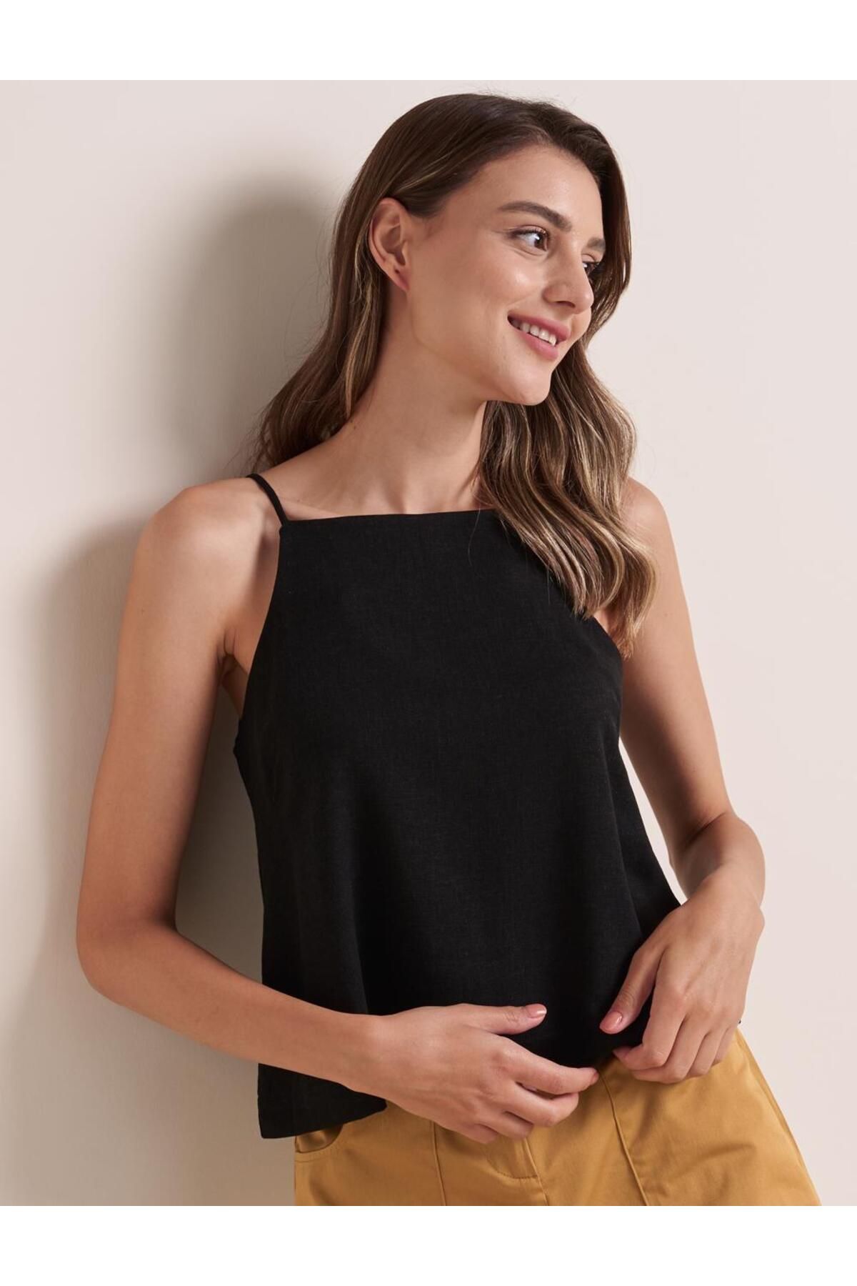 Jimmy Key-Black Straight Cut Open Neck Strappy Short Linen Blouse 3