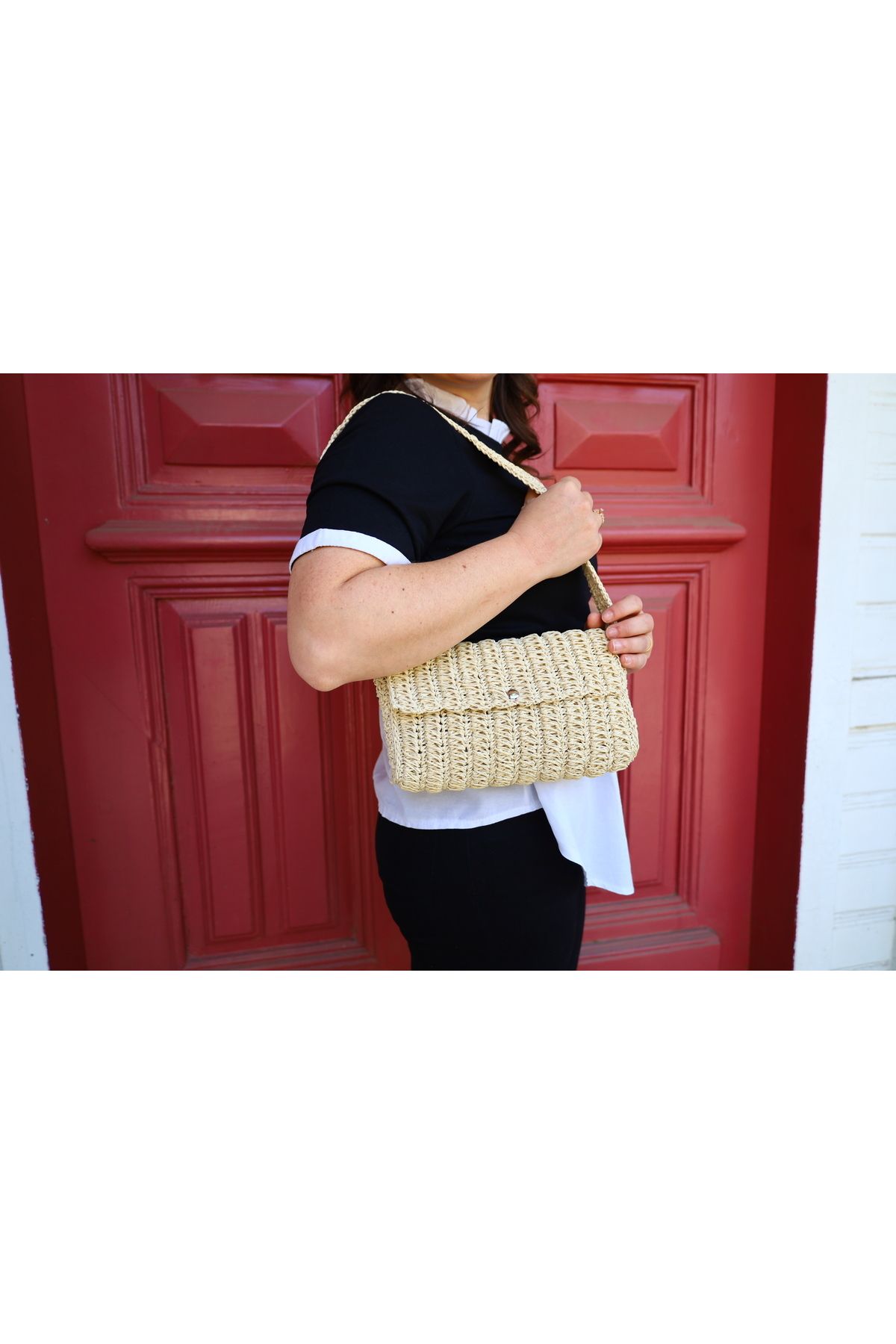 Masal Örgü Evi-Women's Hand Knitted Straw Paper Rope Shoulder Bag 4