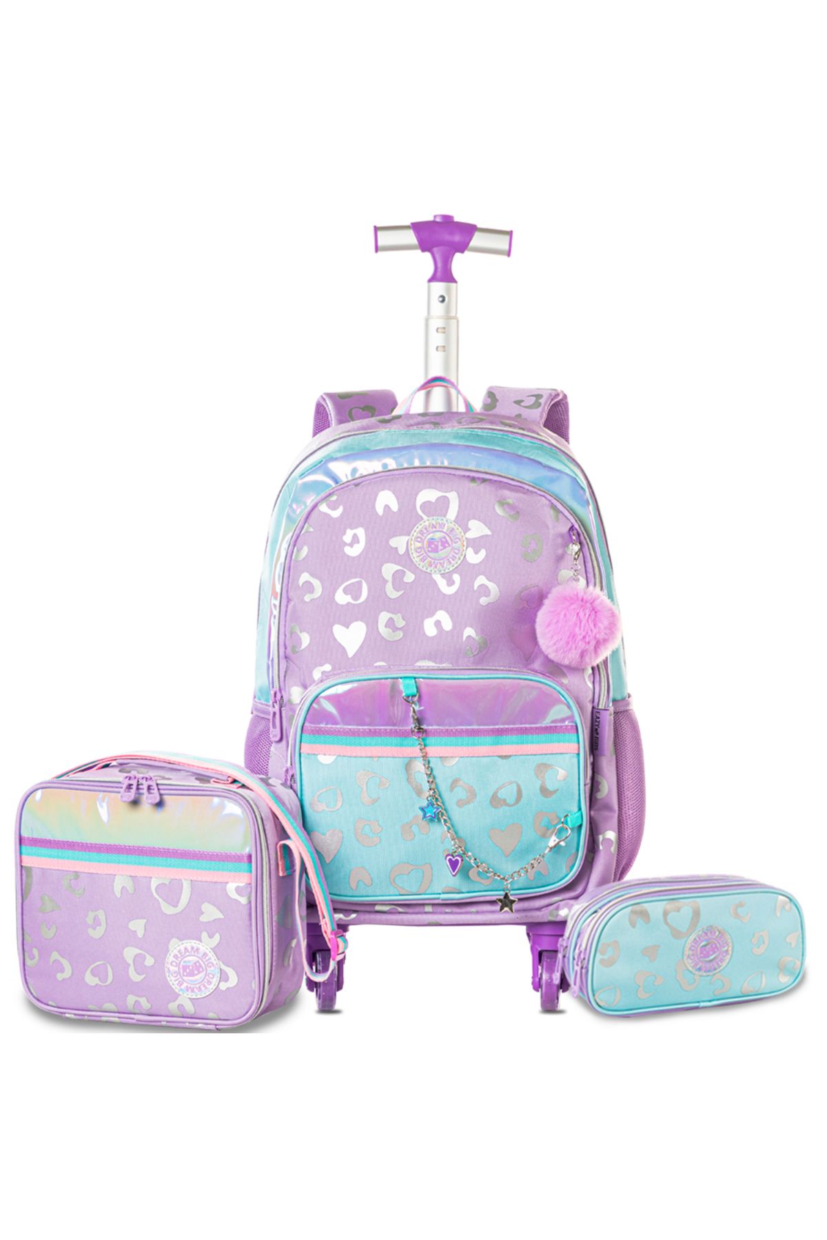 Eazy Kids 4-wheel Trolley 17" School Bag Set of 3 w/ Lunch Bag and Pencil Pouch - Love Purple