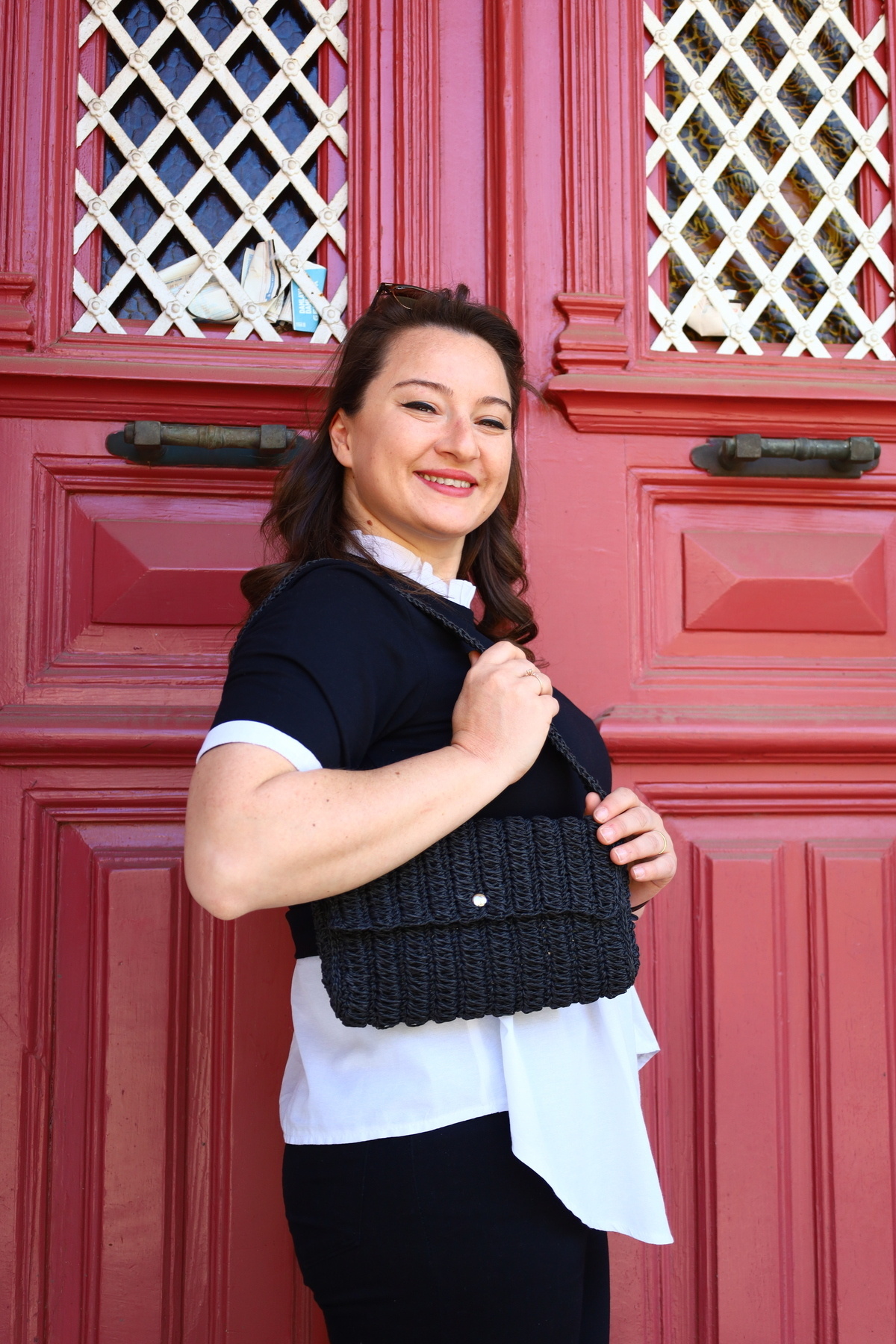 Masal Örgü Evi-Women's Hand Knitted Straw Paper Rope Shoulder Bag 1