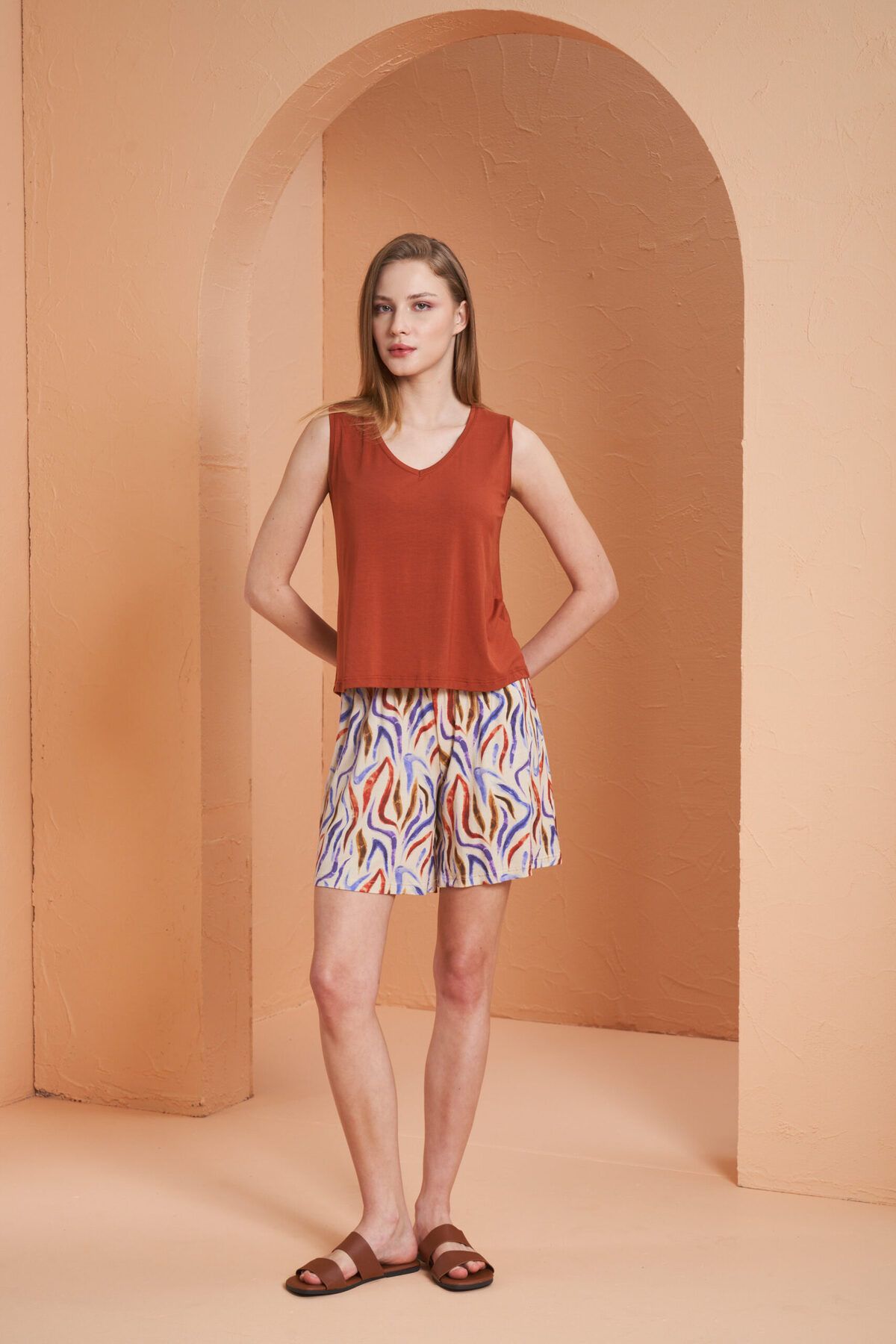 PJS-Set de pijamale pentru femei, cu model de gresie, cu decolteu în V, cu mâneci zero 2