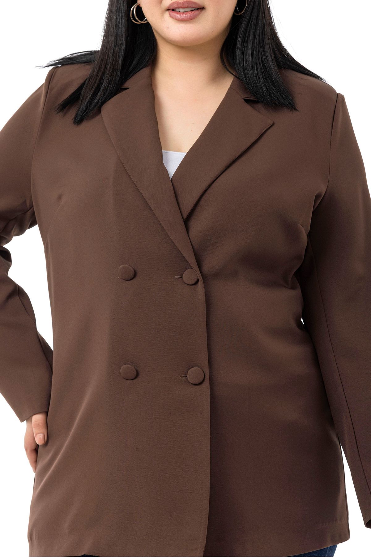 DISENTIS MODEST-Plus Size Covered Button Double Breasted Brown Unlined Jacket 5
