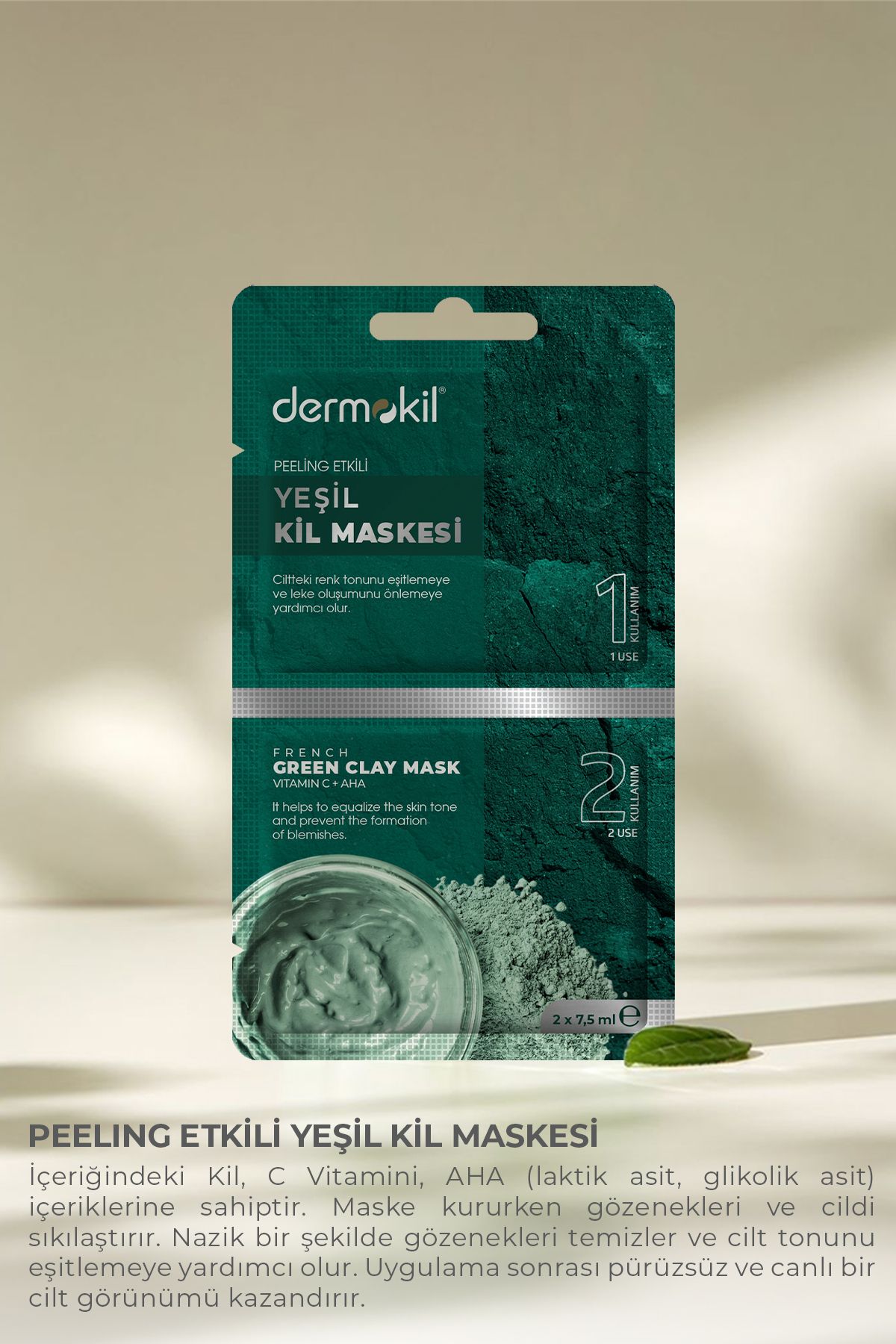 Dermokil-Green Clay Mask with Peeling Effect - Two Uses 2 X 7.5ml 3