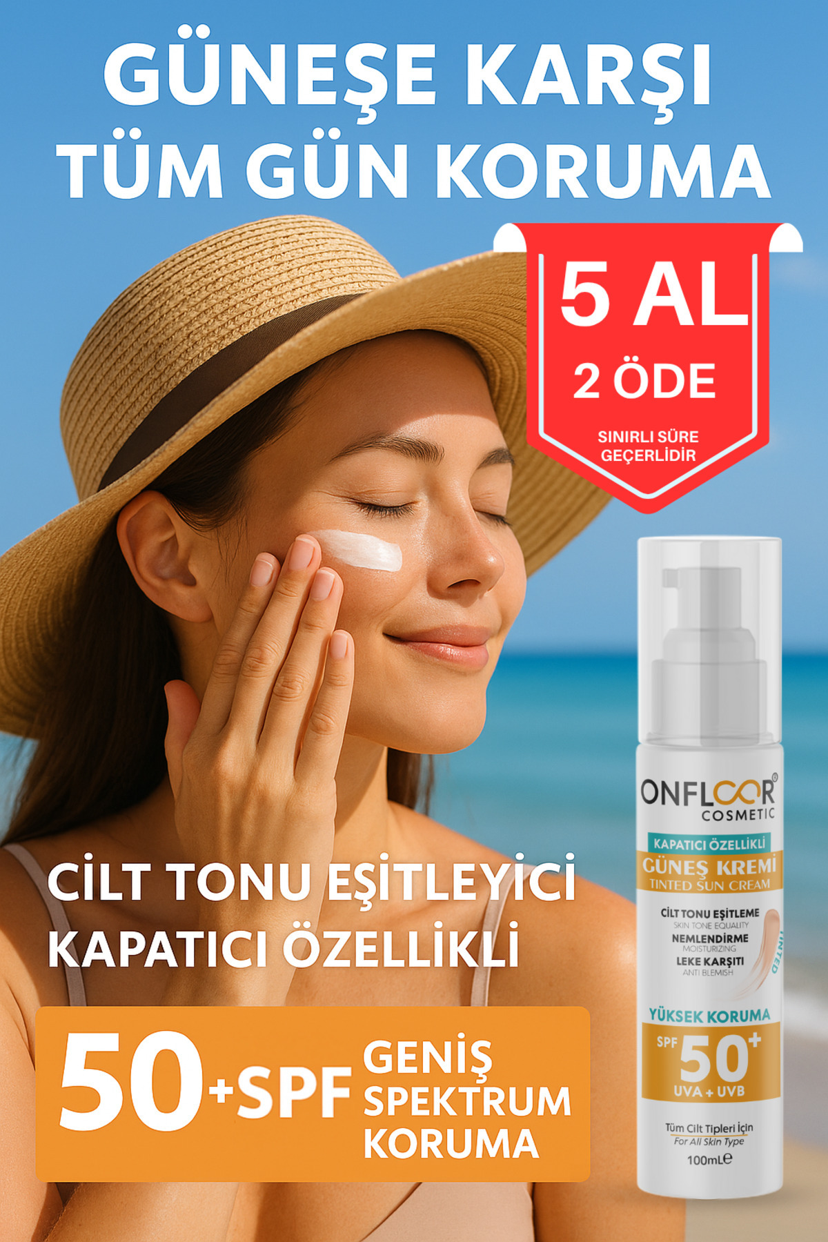 ONFLOOR Ton Eşitleyici Güneş Kremi Spf 50 – Renkli Kapatıcı, Nemlendirici Ve Leke Karşıtı Etki | 100 ml