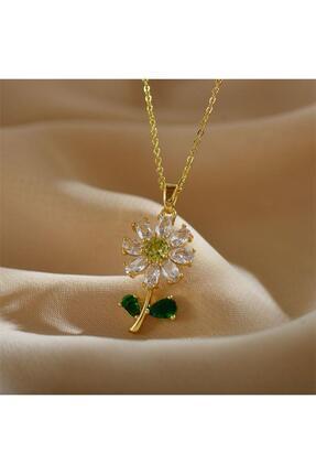 Misens Kadın 316l Paslanmaz Çelik Gold Zirkon Taşlı Işıltılı Papatya Kolye