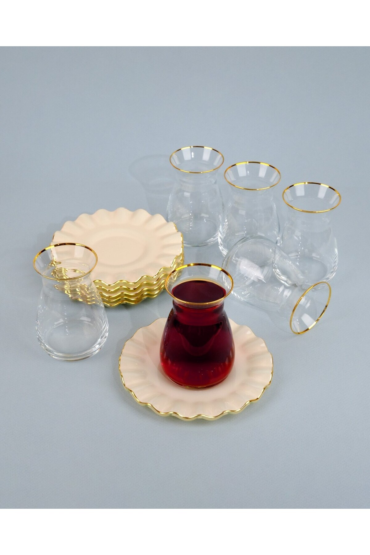 Glore-Solid Cream Wavy 12 Piece Gold Gilded Glass Tea Set for 6 4