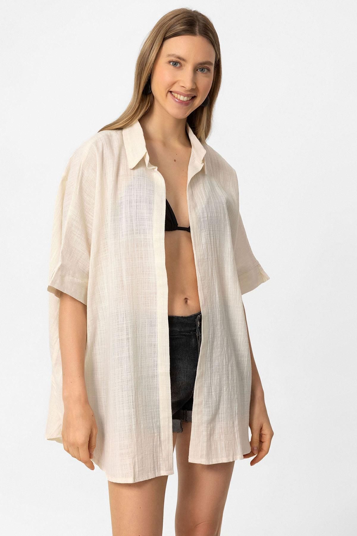 Cream Buttonless Short Sleeve Collar Summer Unlined Cotton Shirt