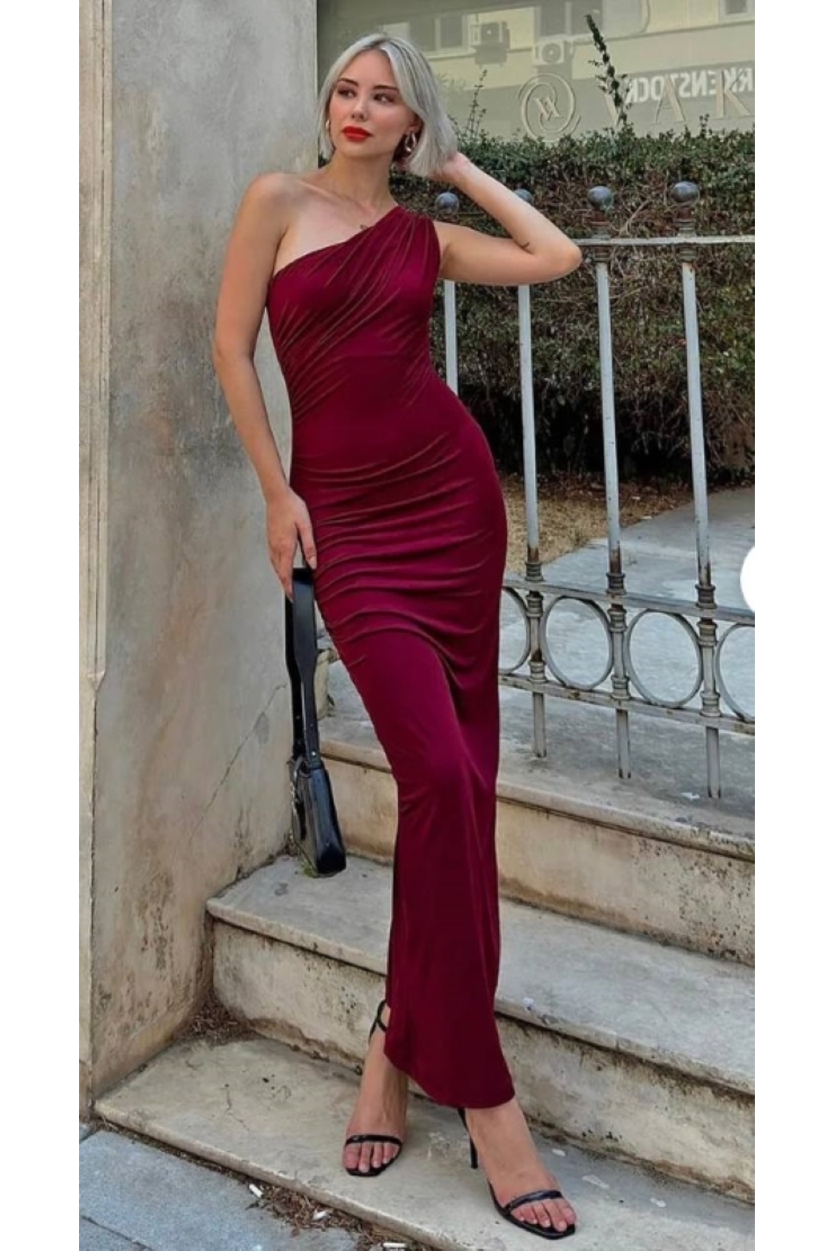 Women's One-Shoulder Shirred Midi Dress