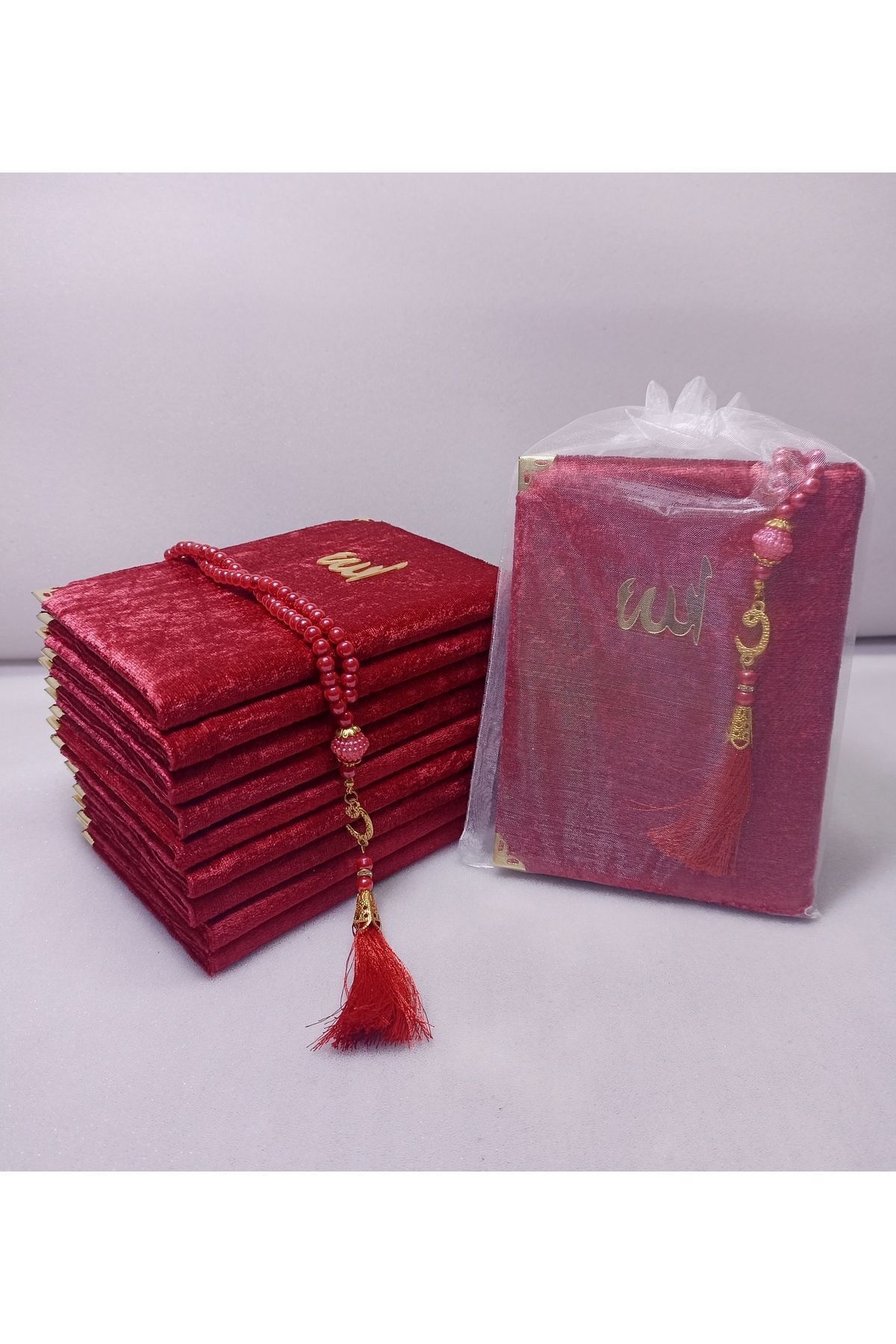 10 Velvet Coated Yasin-i Şerif and Rosary Set Mevlid Books (with TULLE POUCH)