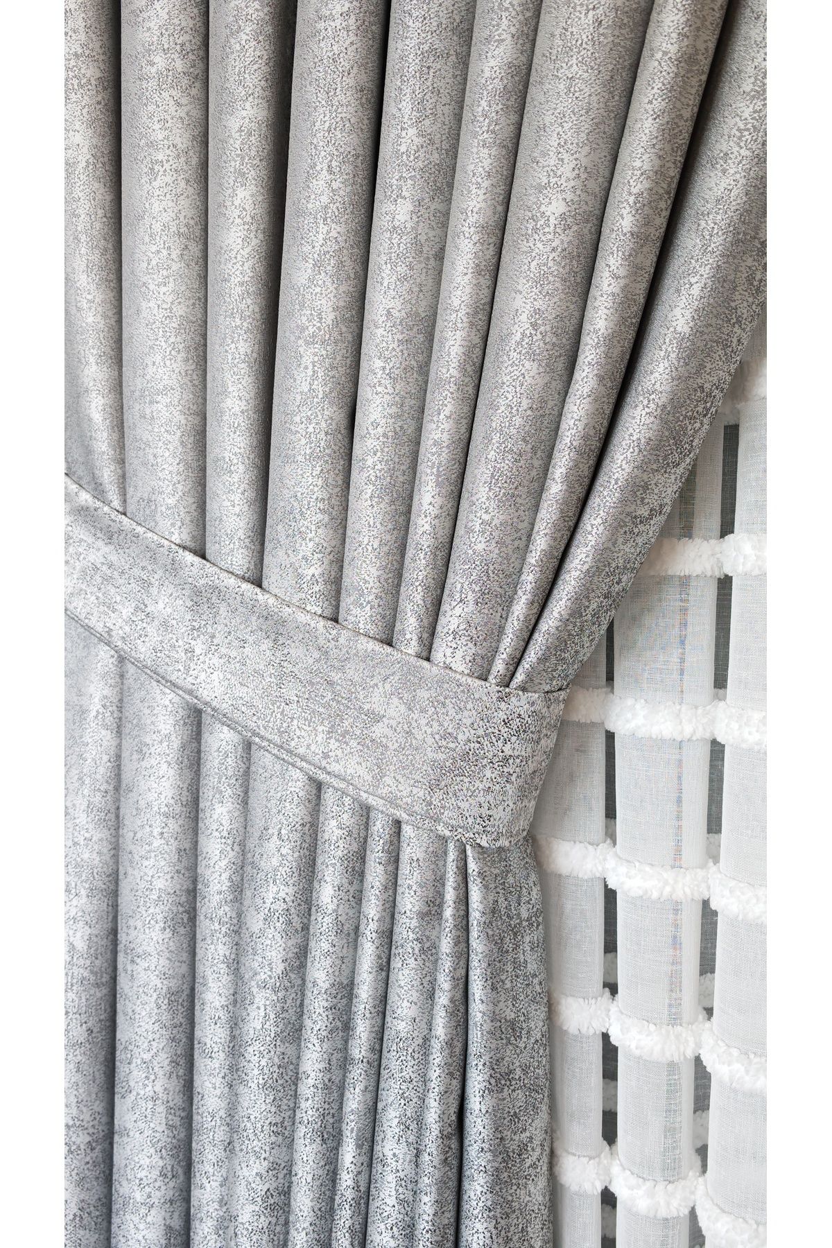 Yuka-Trojan Gray Double Wing Sparse Pleated Jacquard Satin Textured Background Curtain with Bright Pattern 90 X 270 1