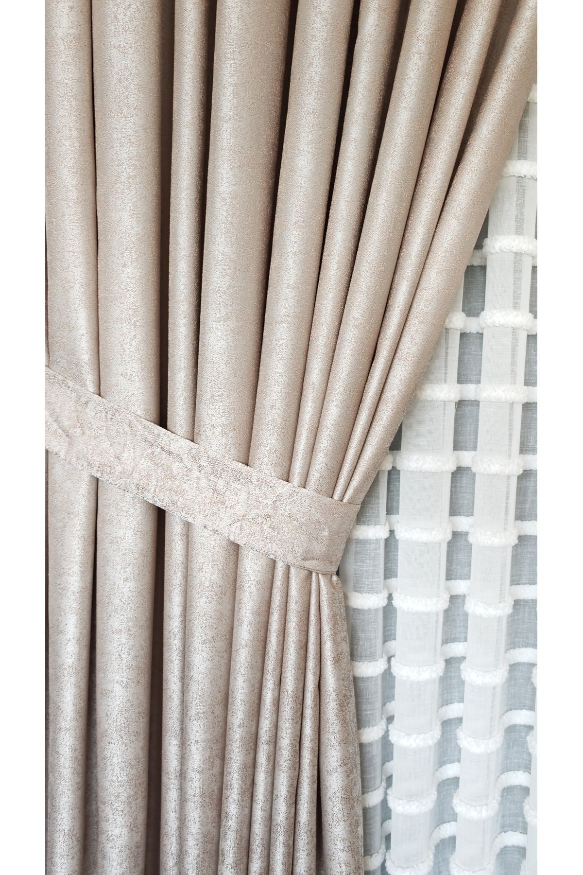 Yuka-Trojan Beige Double Wing Sparse Pleated Jacquard Satin Textured Background Curtain with Bright Pattern 100 X 260 3