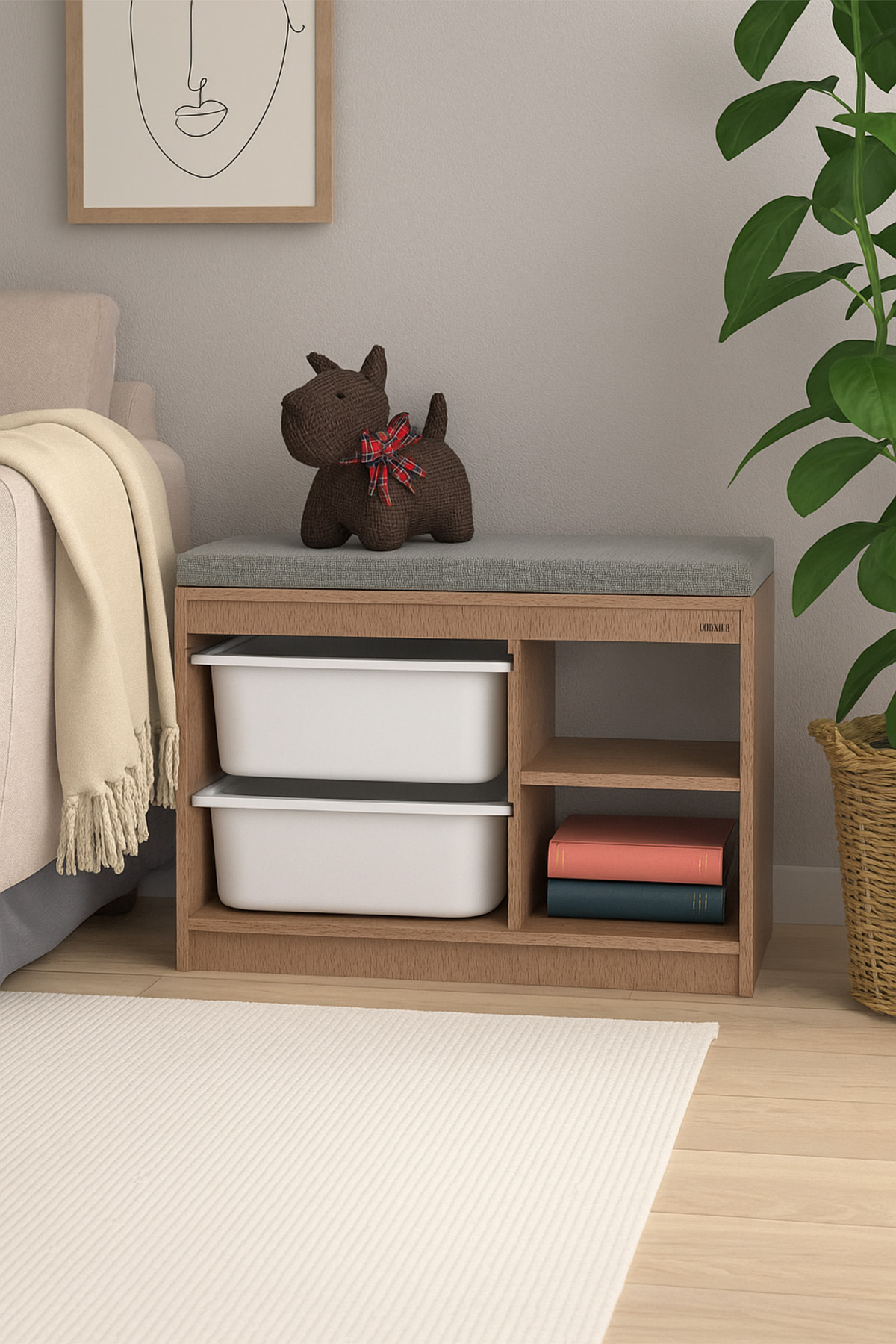 ELDİPA Minderli Ahşap Çok Amaçlı 2 Bölmeli 2 Sepetli Düzenleyici Raf - 48x64x25 cm