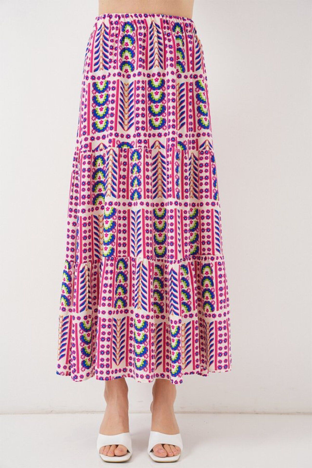 TUA MODA-Tua Moda Patterned Long Skirt 8053 - Fuchsia 4