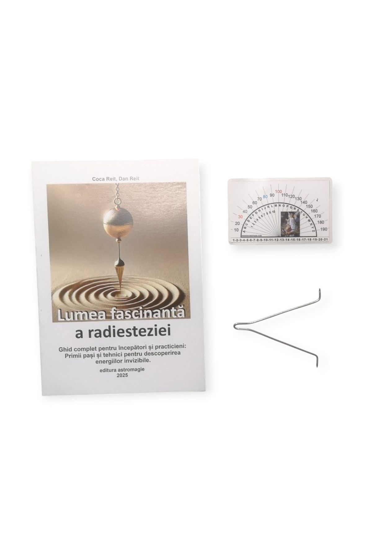 astromagie-Kit: The Fascinating World of Dowsing book, silver metal loop and protractor 1