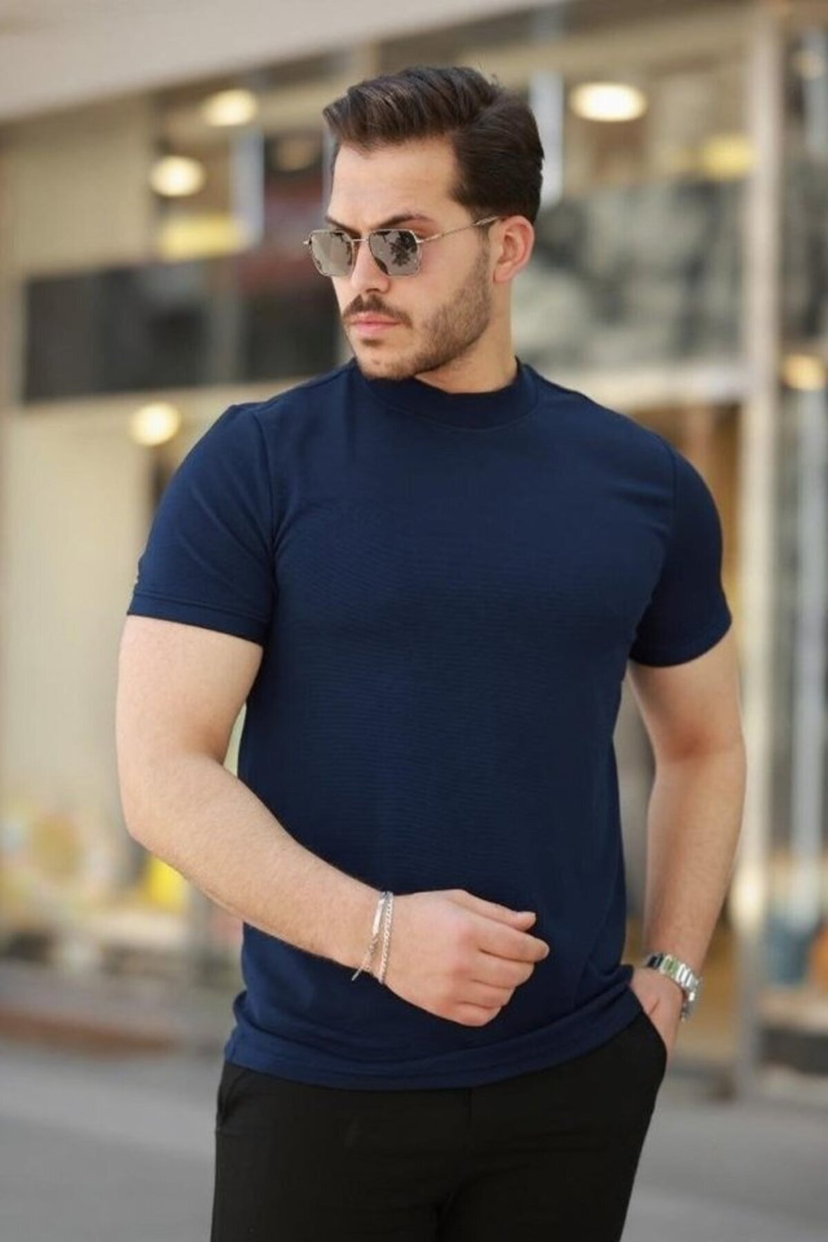 Erkek Ince çizgi Dokulu Kısa Kollu Tişört