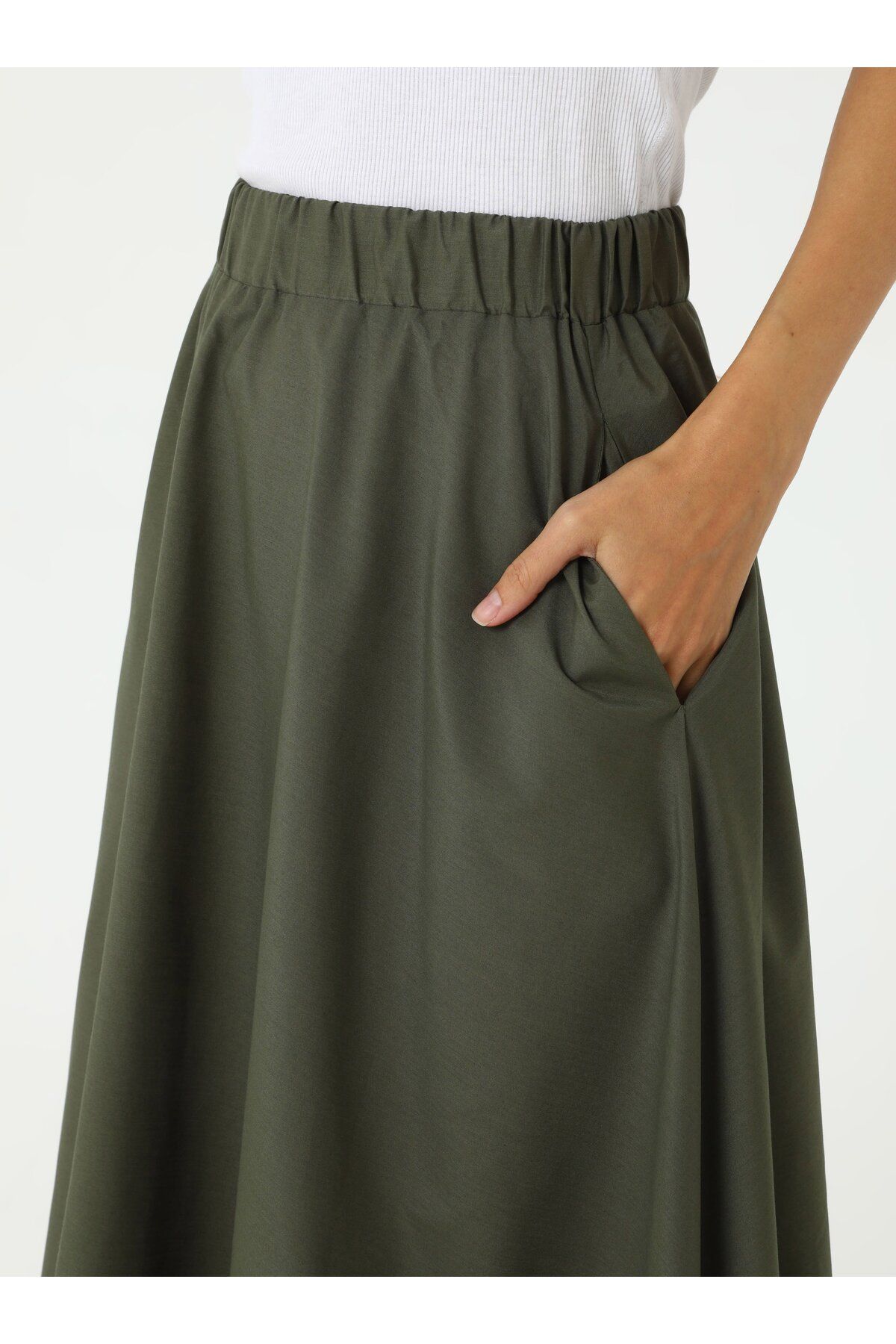 Benin-Elastic Waist Cotton Basic Poplin Skirt - Khaki - Benin 4