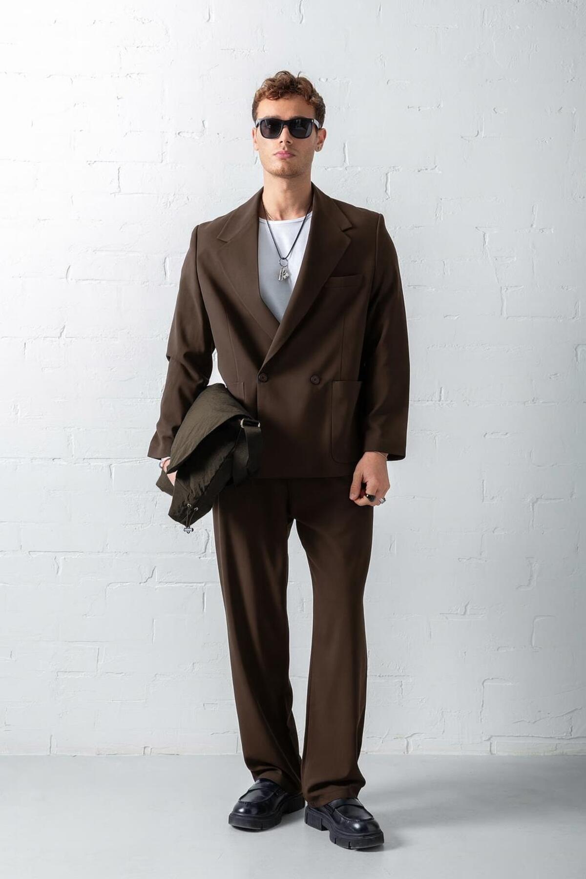 ablukaonline  Erkek Kruvaze Düğmeli Oversize Takım Elbise Kahverengi