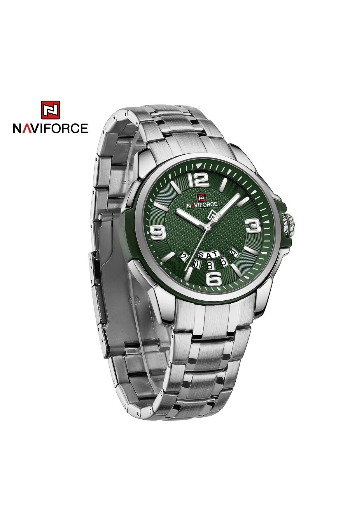 Naviforce-Mens Green Dial Stainless Steel Strap Watch Analog Quartz Waterproof with Day and Date Display 6