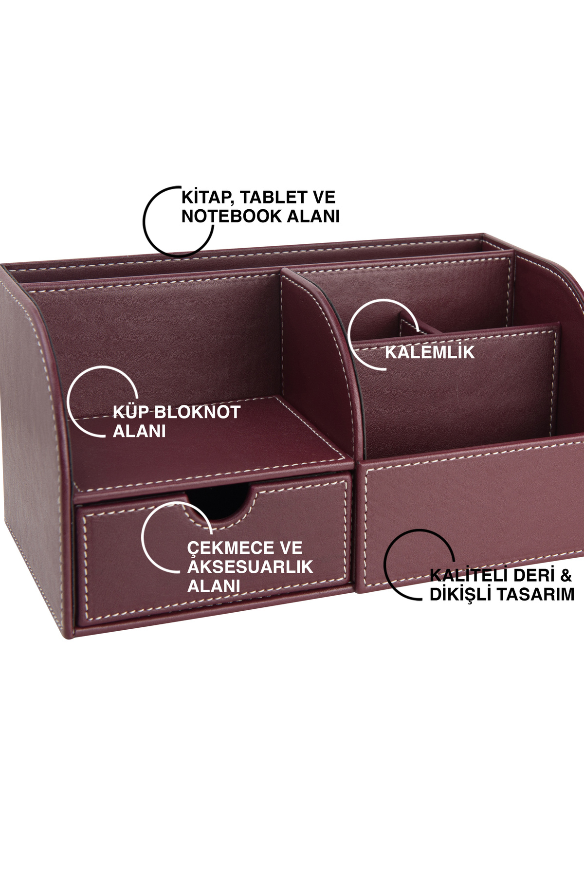 2K-Desktop Organizer, Pen Holder, Remote Control, Cube Notepad Holder, Tablet Holder, Bookshelf, 6 Compartments, Drawer, Claret Red 2