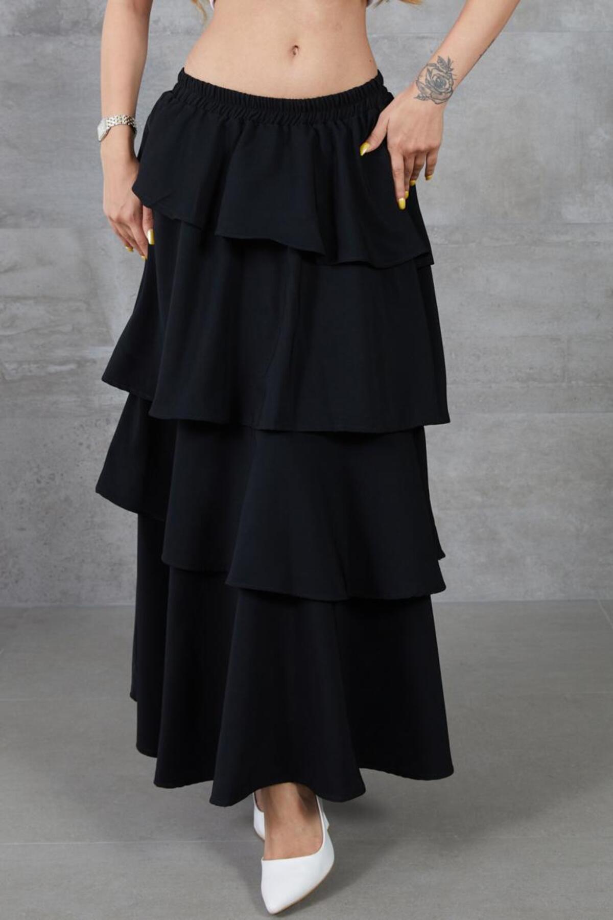 New Laviva  Kadın Siyah Volanlı Kat Kat Beli Lastikli Tesettüre Uygun Kupra Astarlı Krep Etek - Görsel 2