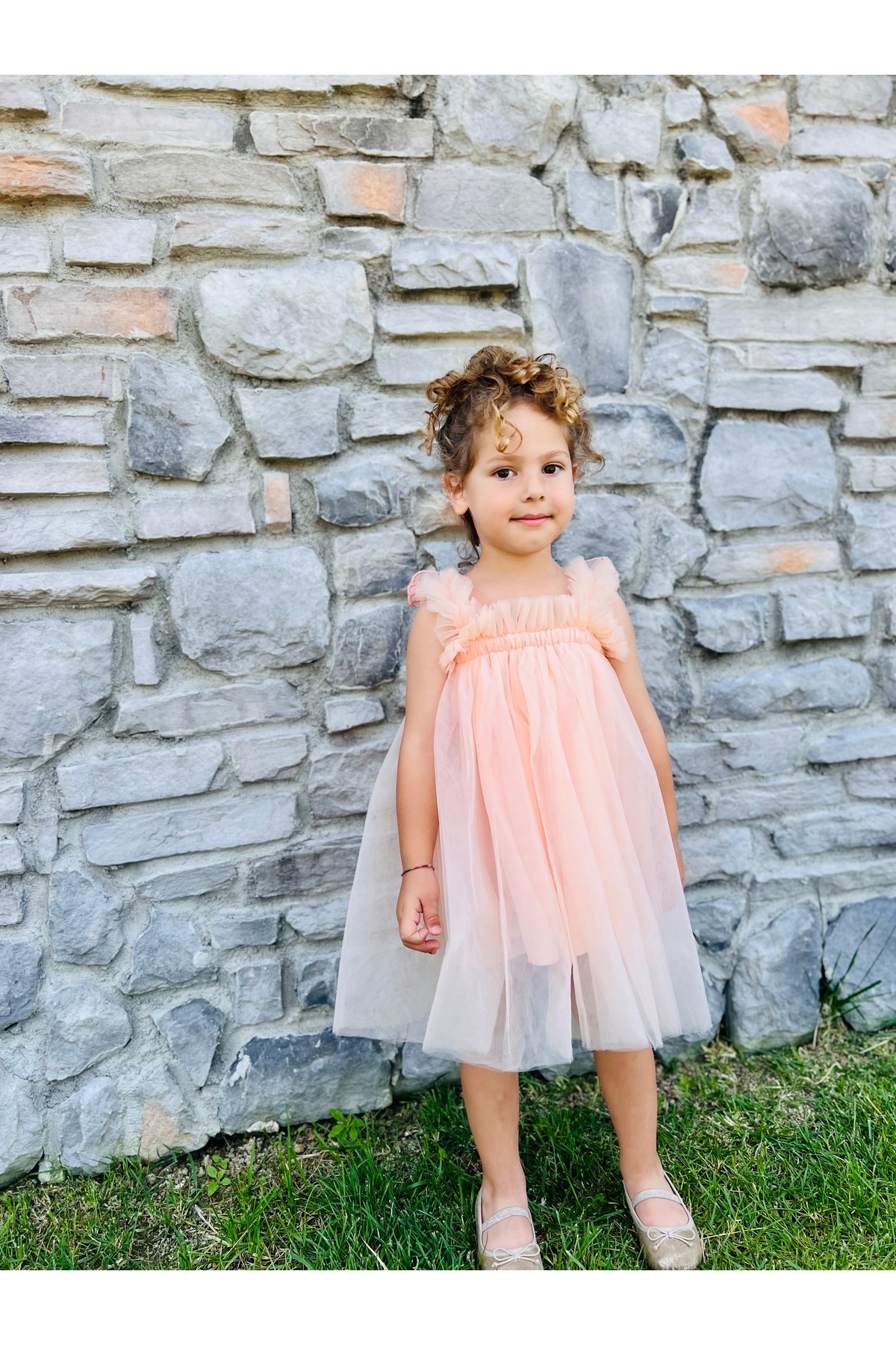 penu baby kids Somon Askılı Tül Jile Arkası Kelebek Kanatlı Kız Çocuk Kız Bebek Elbise fotoğrafı 4 (önizleme)