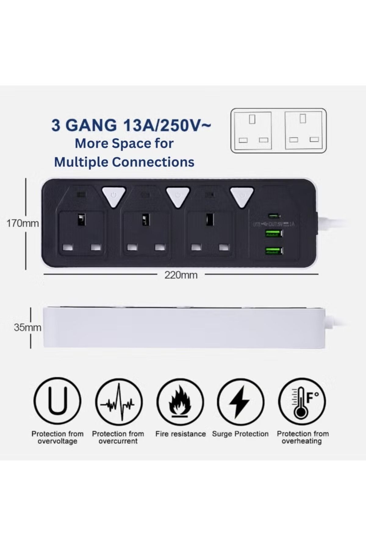 powermax-MX55 6 في 1 مقبس تمديد الطاقة - 2500 واط تمديد شريط الطاقة مع 3 منافذ تيار متردد + 2 USB + 1 PD 5