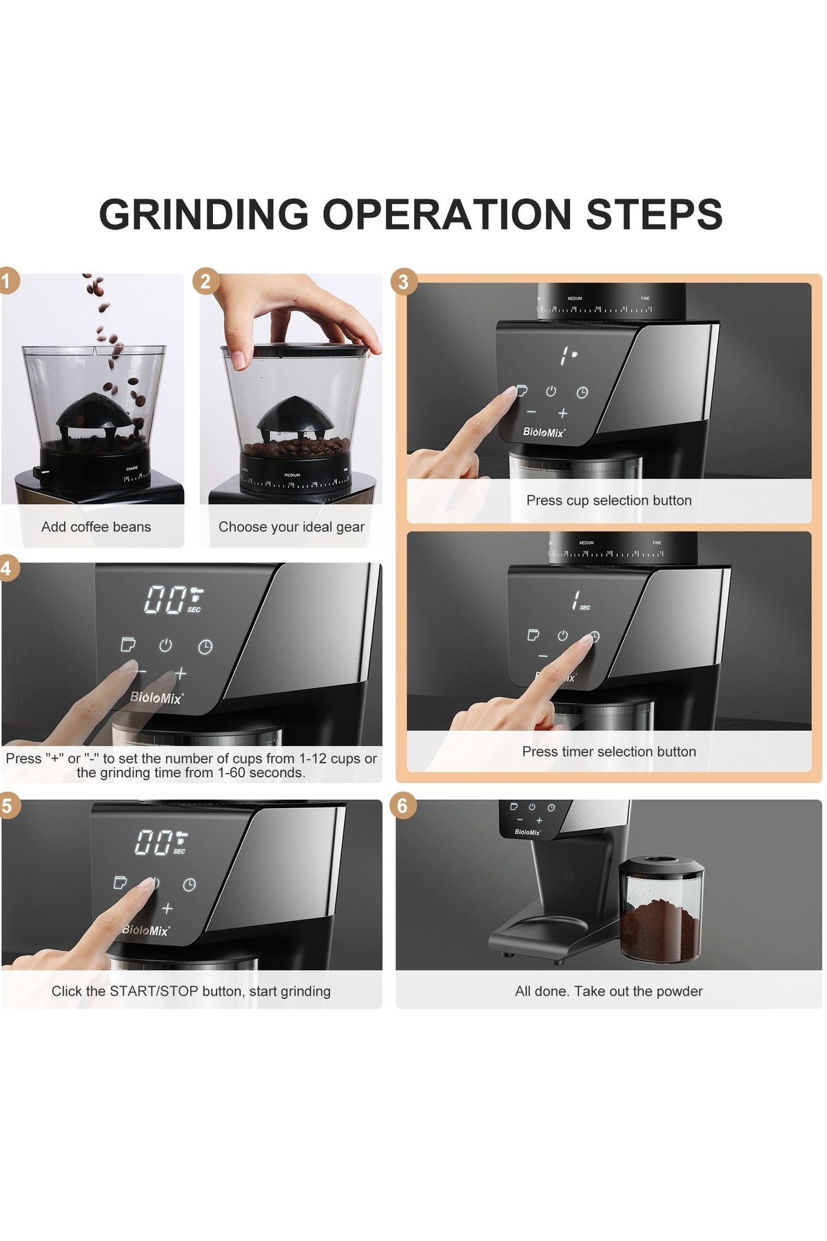 BioloMix-12-Cups Electric Coffee Grinder with 30 Gears Precise Settin, LCD Screen for Turkish/Mocha/Drip 6