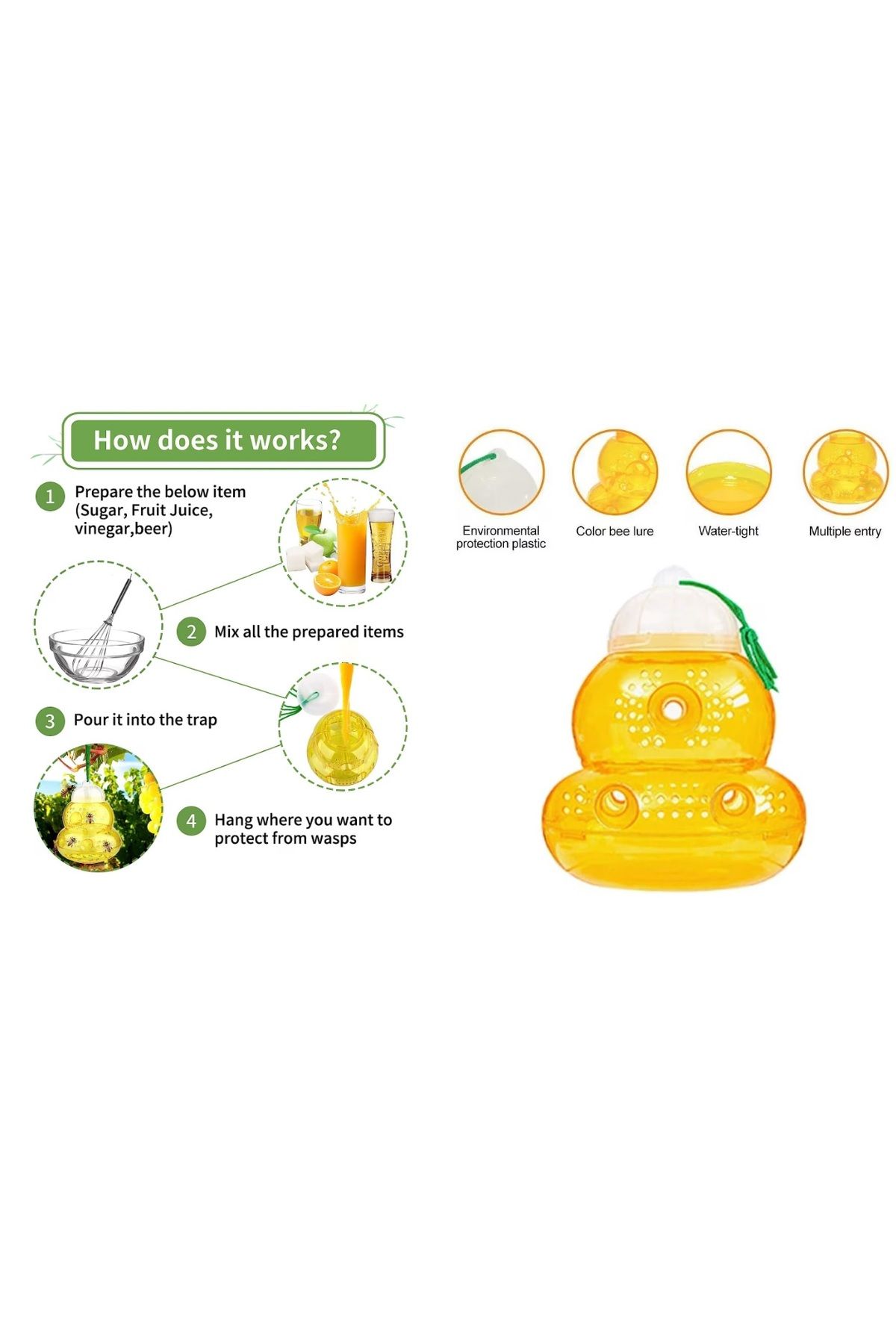 Progarden-Set of 3 traps for wasps, bees, flies and insects, Progarden, plastic, yellow hive, 12x 15cm 2