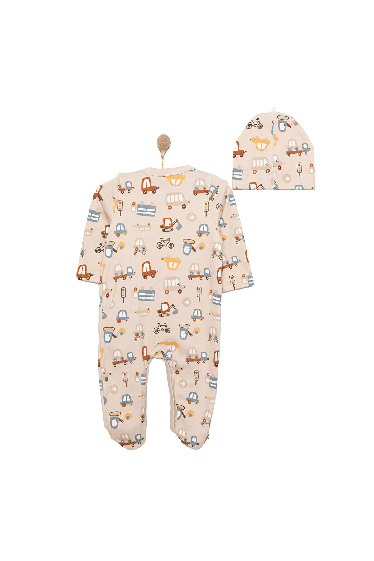 ebebek Hello Baby HelloBaby Yenidoğan Erkek Bebek Tulum-Bere 2li Takım İnterlok Hayvan Desenli Patikli Paça Bej fotoğrafı 2 (önizleme)