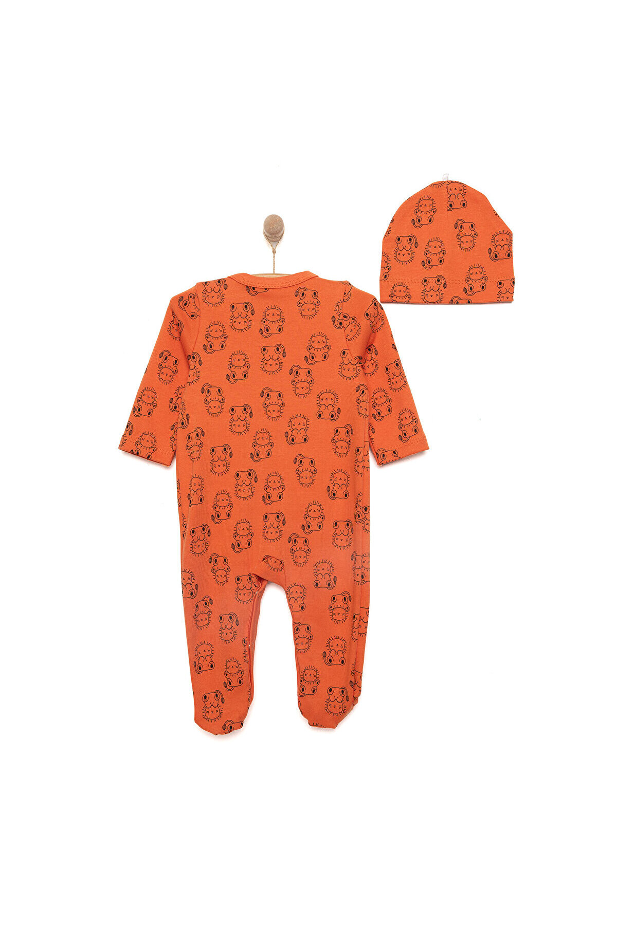 ebebek Hello Baby HelloBaby Yenidoğan Erkek Bebek Tulum-Bere 2li Takım İnterlok Hayvan Desenli Patikli Paça Turuncu fotoğrafı 2 (önizleme)
