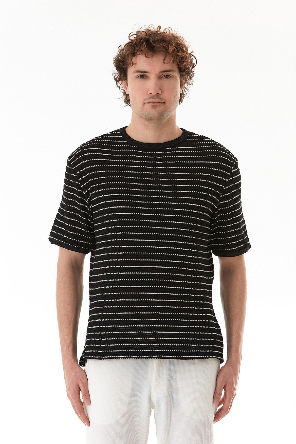 Fulla Moda-Πλεκτό μπλουζάκι με ριγέ Crew Neck 7