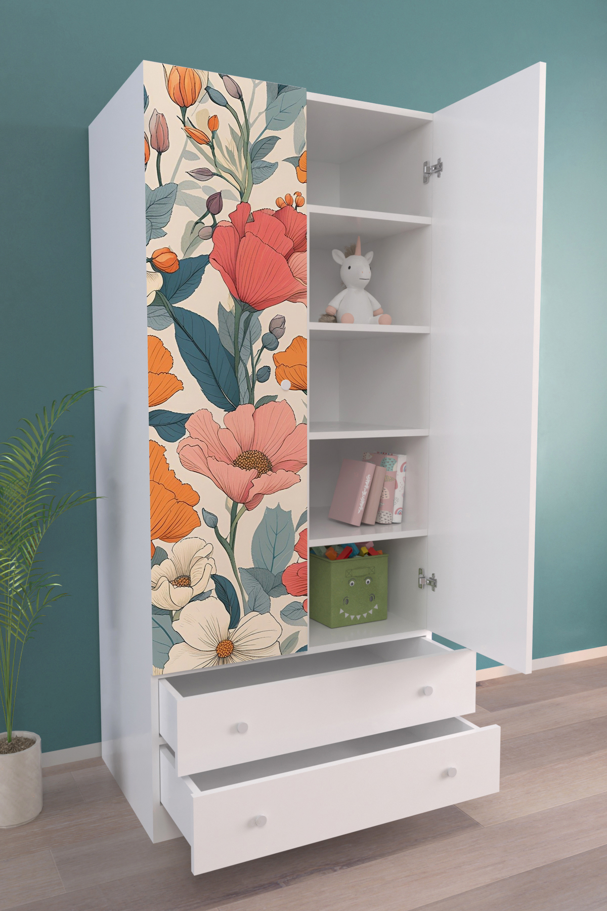hediye kapında Flower Burst Gardırop 5 Raflı 2 Çekmeceli 2 Kapaklı Askılı Elbise Dolabı-Beyaz fotoğrafı 3 (önizleme)