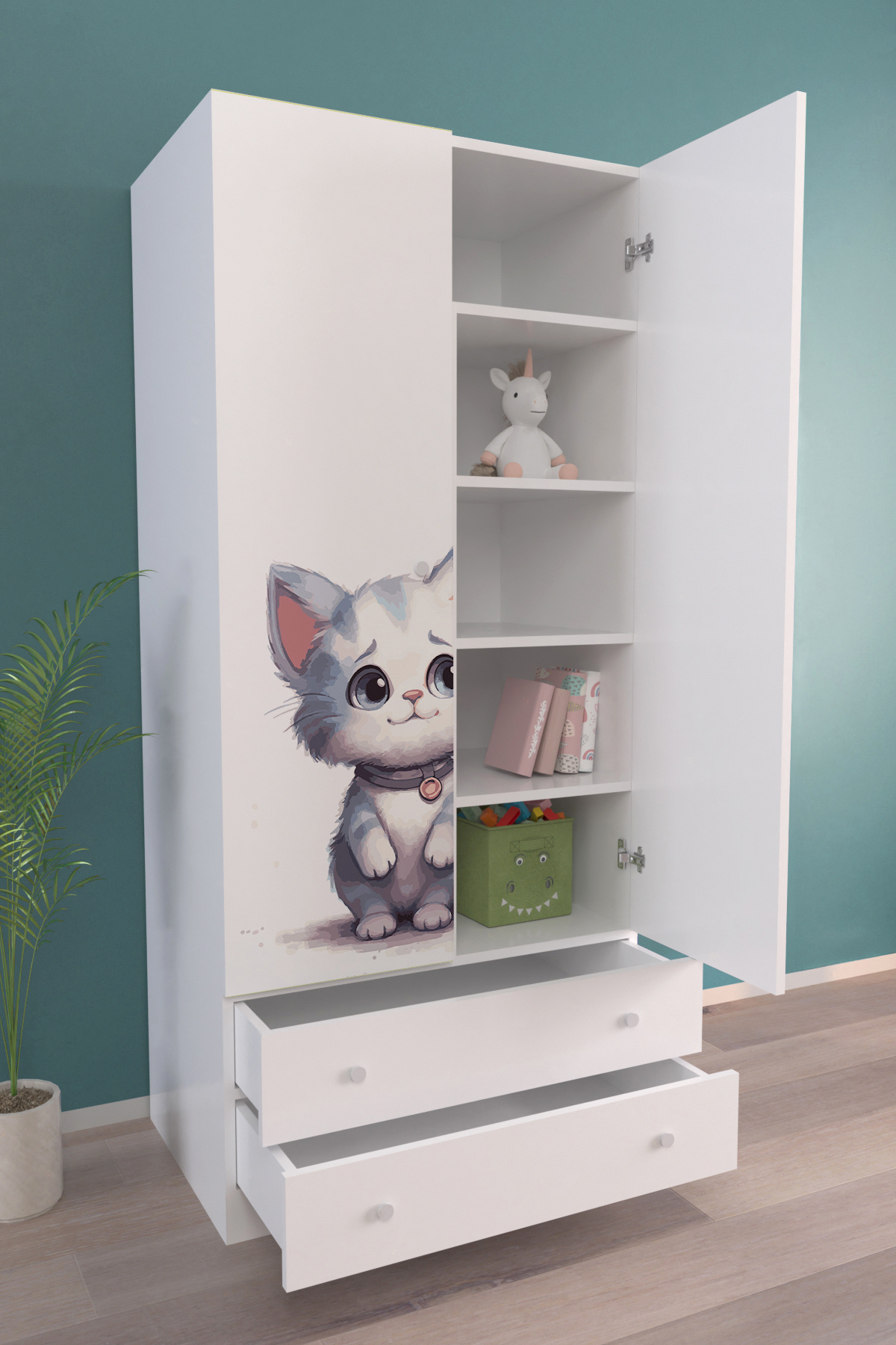 hediye kapında LONELY CAT Gardırop 5 Raflı 2 Çekmeceli 2 Kapaklı Askılı Elbise Dolabı-Beyaz fotoğrafı 3 (önizleme)