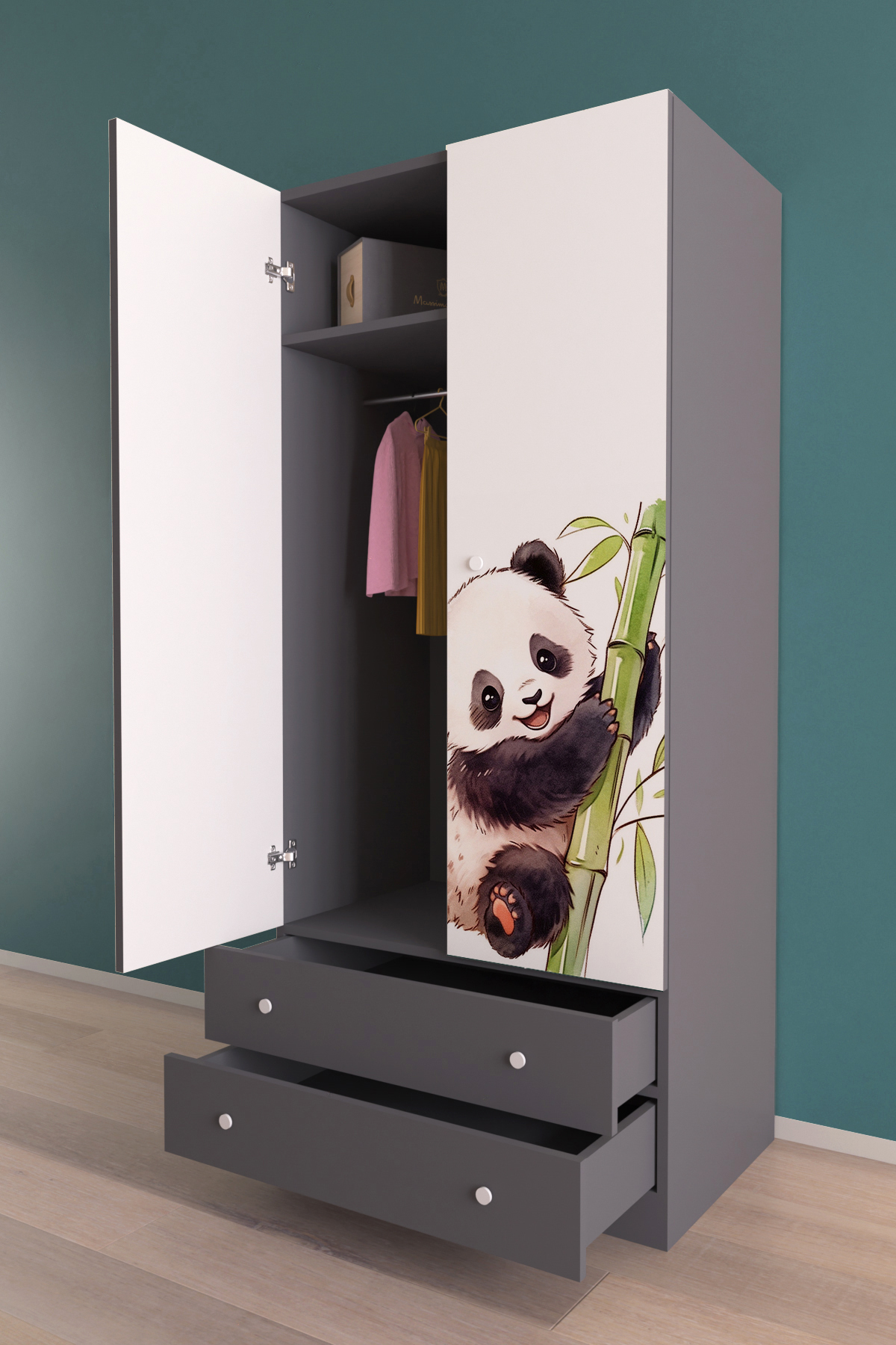 hediye kapında Bamboo Gardırop 5 Raflı 2 Çekmeceli 2 Kapaklı Askılı Elbise Dolabı-Antrasit fotoğrafı 2 (önizleme)