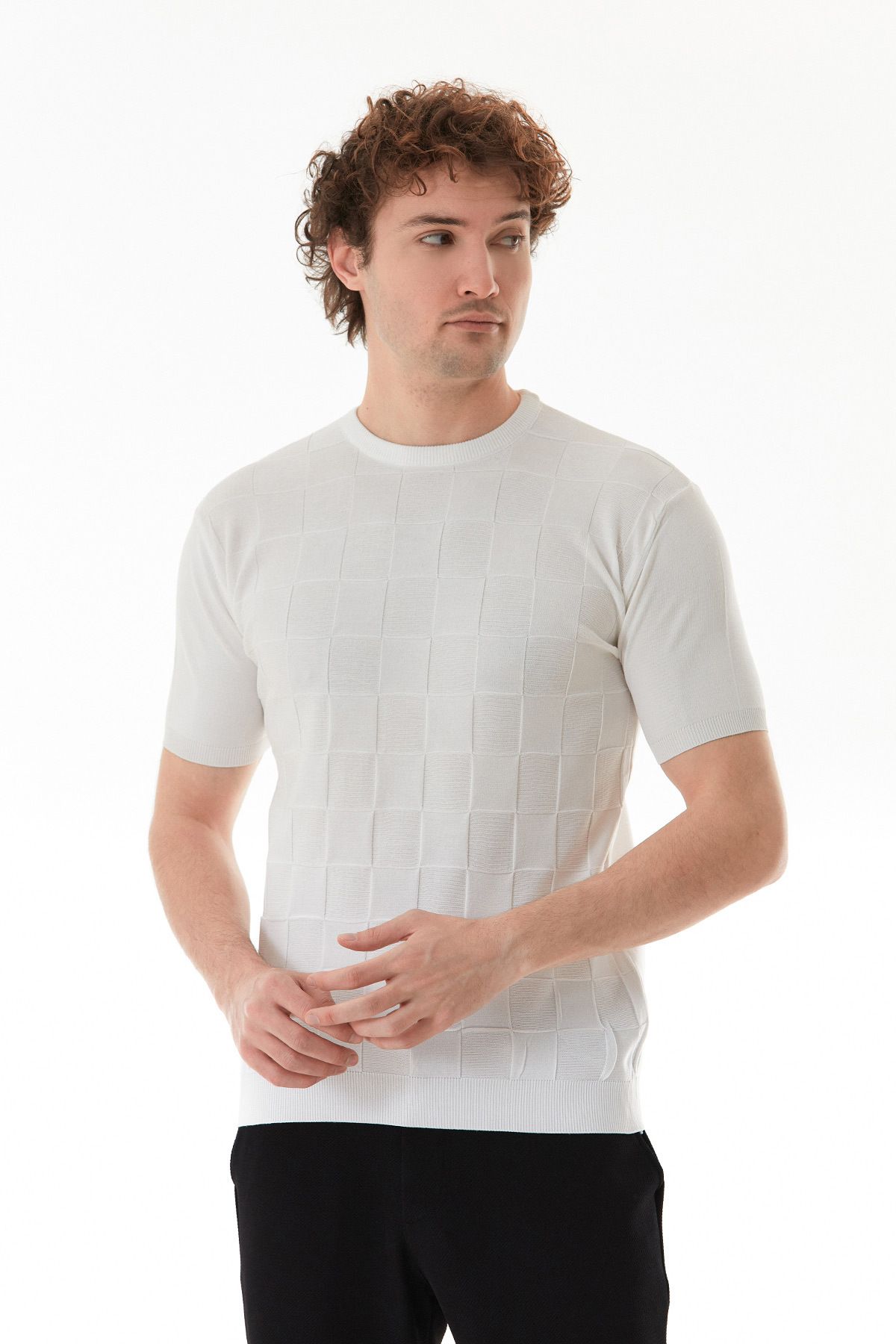Fulla Moda-Checkerboard Patterned Knitwear T-Shirt 5