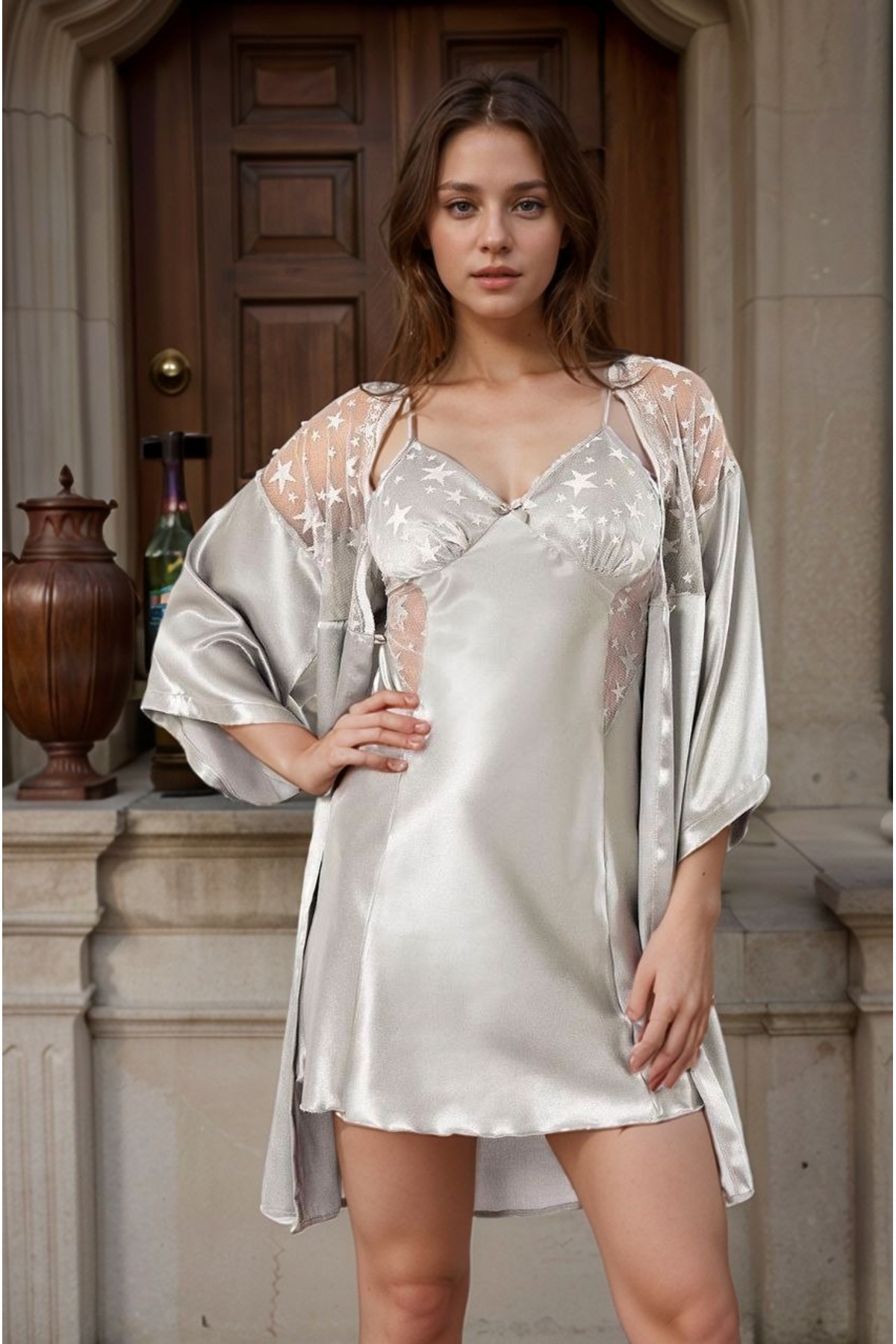 Kadın Giyim Dantel Detaylı Mini Yıldız Detaylı Gecelik & Kuşaklı Sabahlık 2'li Takım LL.F01.AA.L030