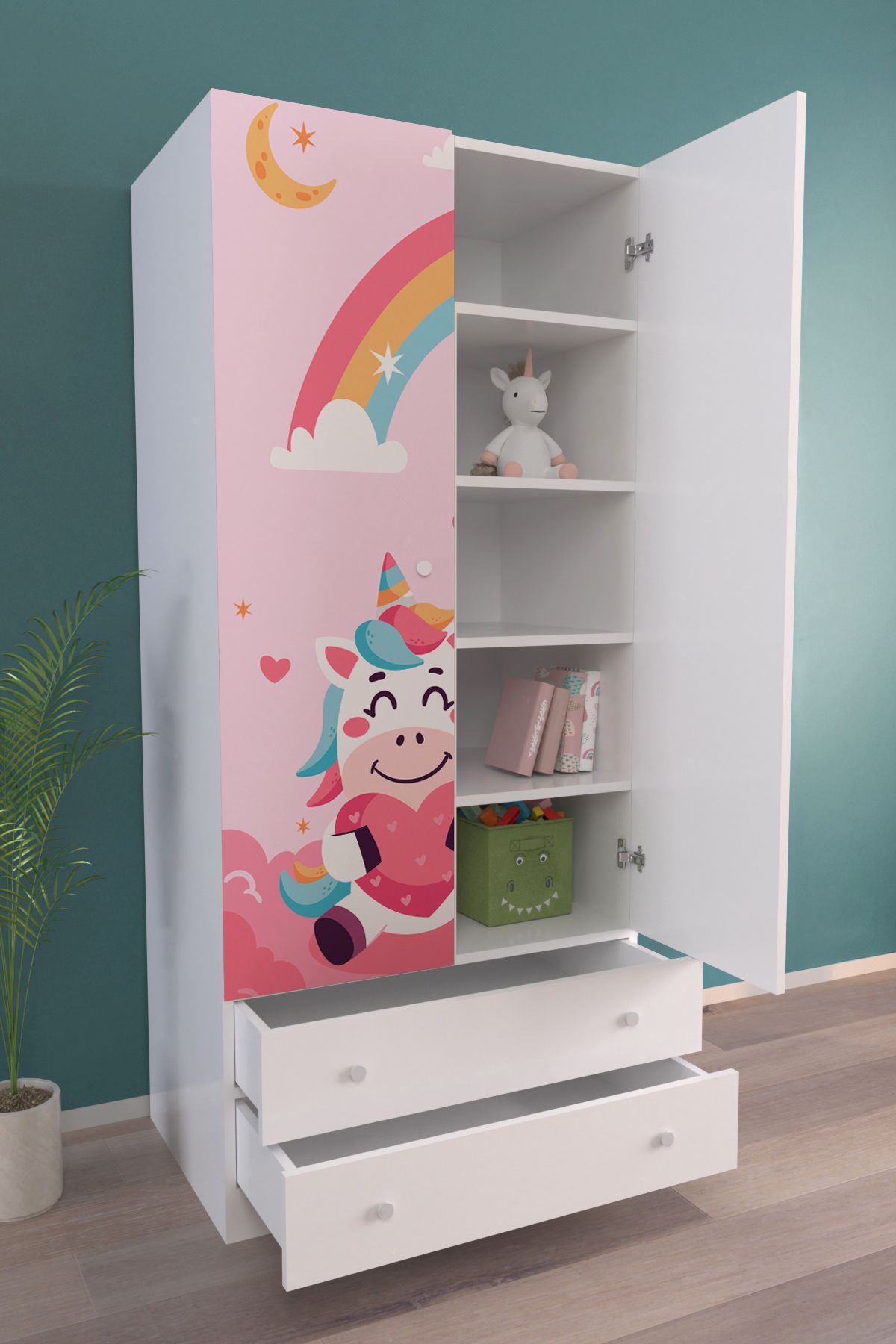 hediye kapında Unicorn Dreams Gardırop 5 Raflı 2 Çekmeceli 2 Kapaklı Askılı Elbise Dolabı-Beyaz fotoğrafı 3 (önizleme)