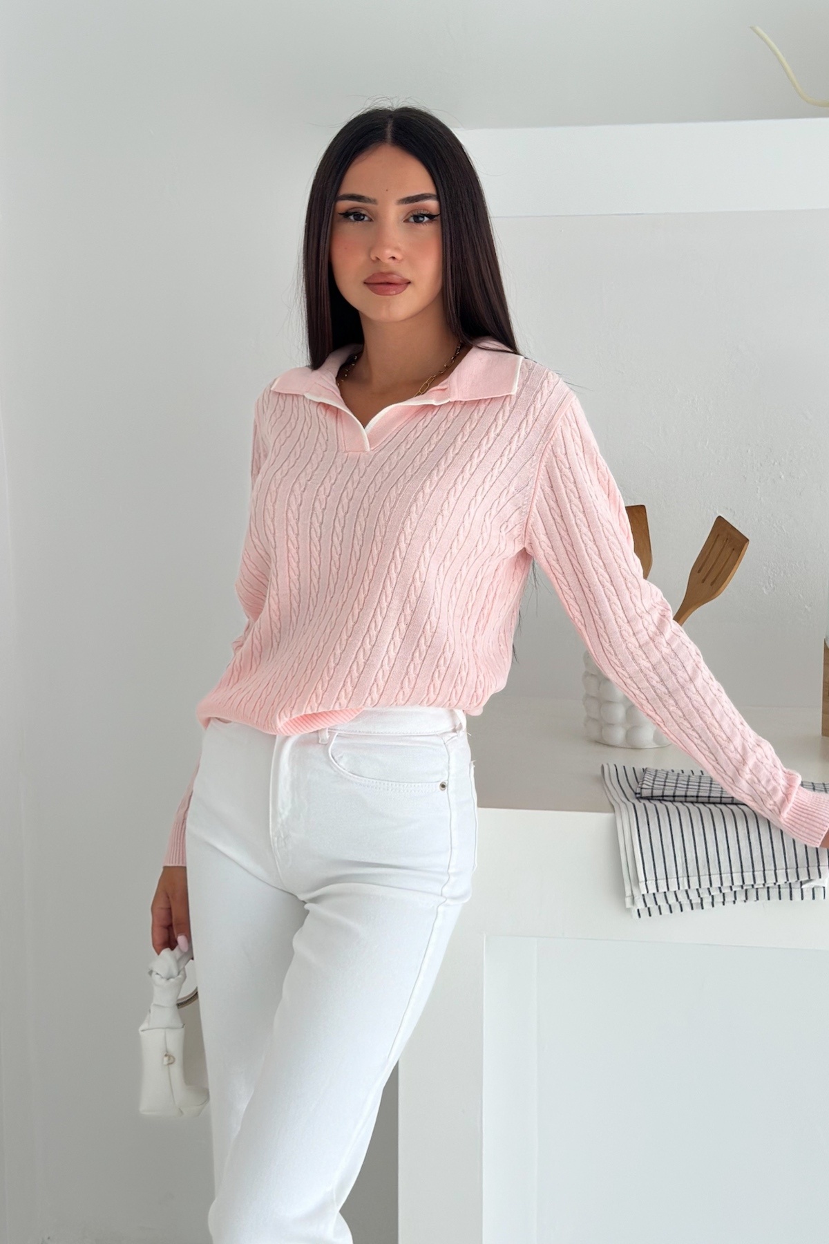 FEMELLE-Women's Pink Polo Neck Standard Size Knitwear Blouse 4