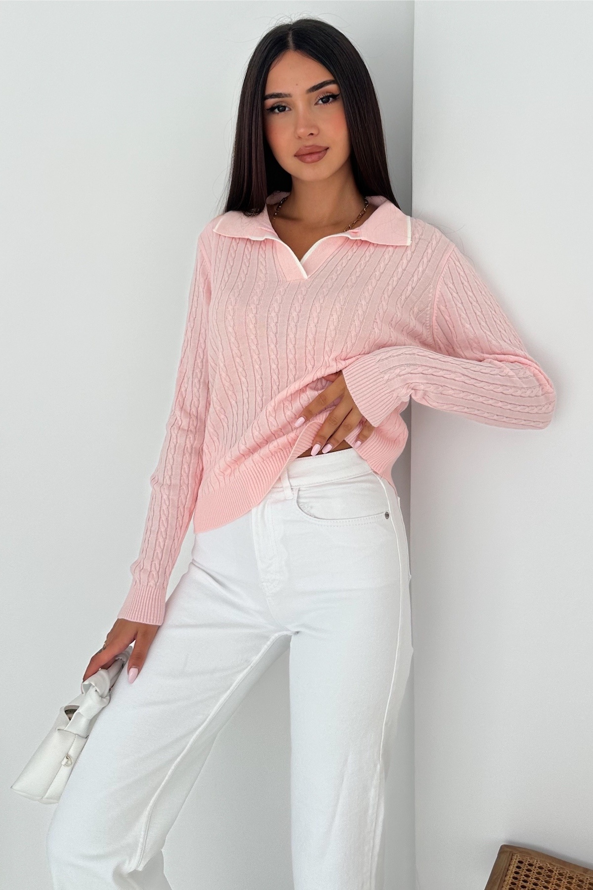 FEMELLE-Women's Pink Polo Neck Standard Size Knitwear Blouse 3