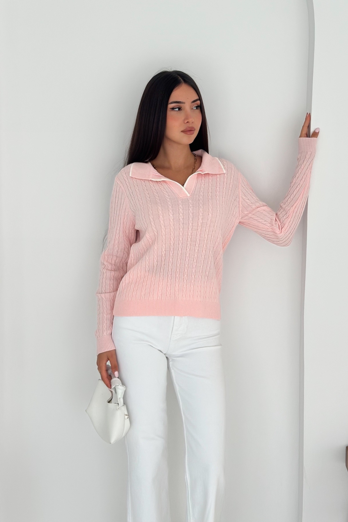 FEMELLE-Women's Pink Polo Neck Standard Size Knitwear Blouse 5